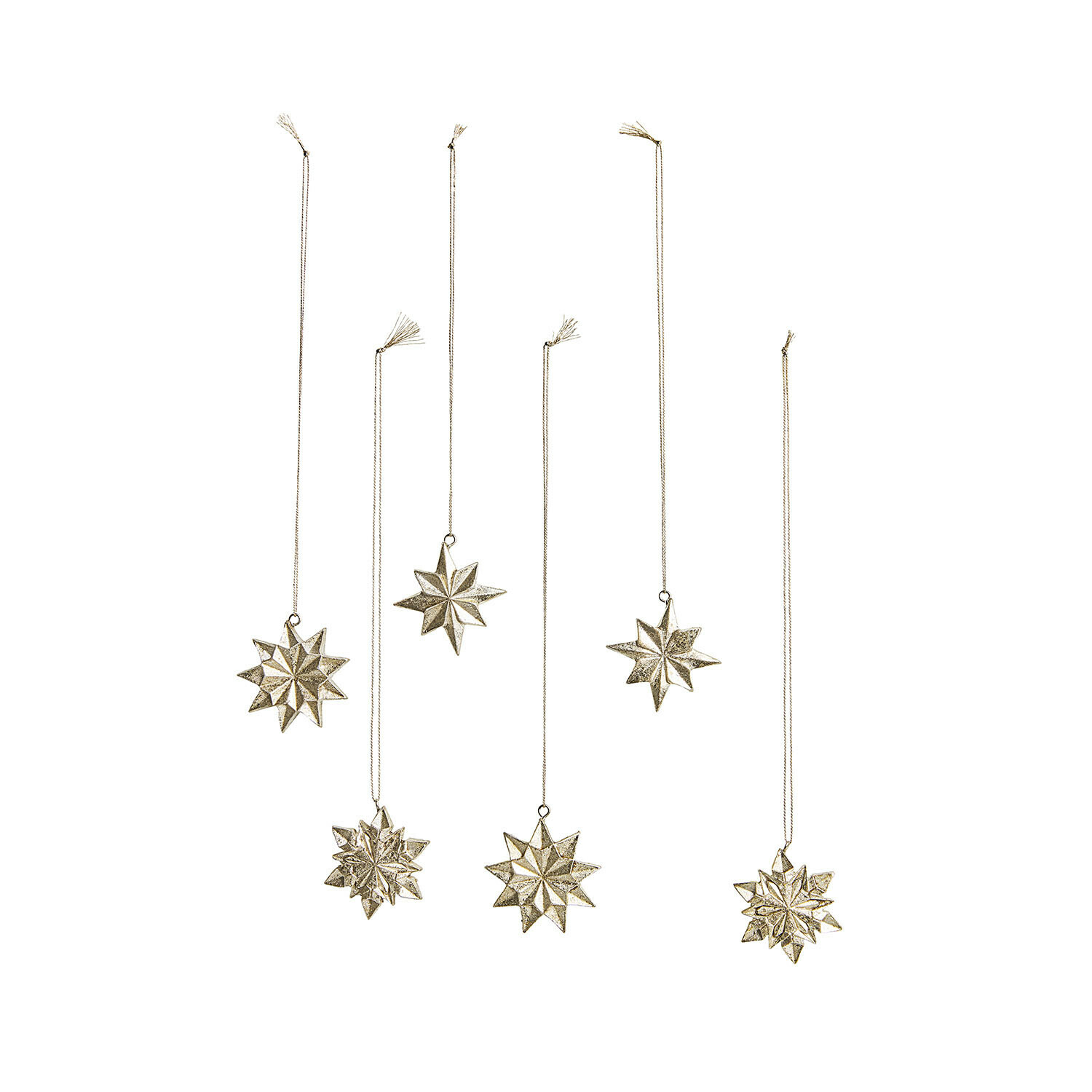 Set di 6 decorazioni da appendere Zamoura Set di sei decorazioni a forma di stella dorate in metallo con cordoncini sottili, addobbi natalizi