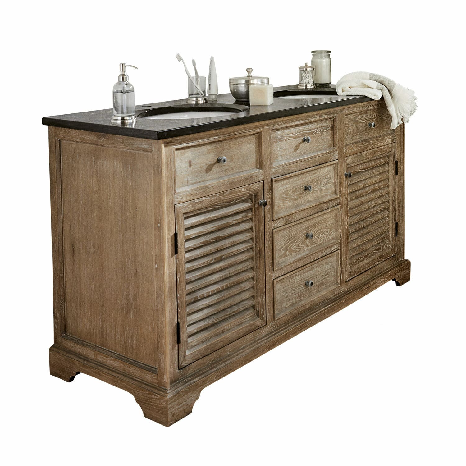 Mobile con doppio lavabo Malmaison Mobile bagno in legno naturale con piano nero e doppio lavabo, colore legno naturale