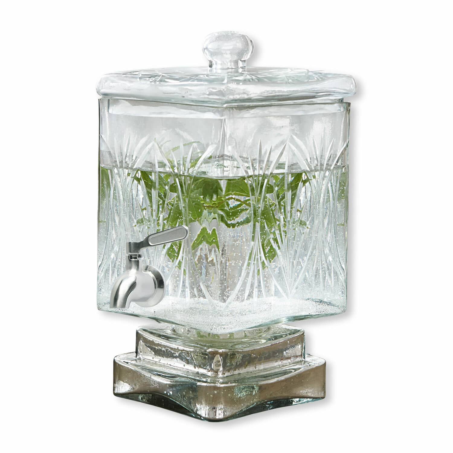 Dispenser di bevande Logan Dispenser per bevande in vetro trasparente con coperchio e rubinetto, motivo inciso decorativo
