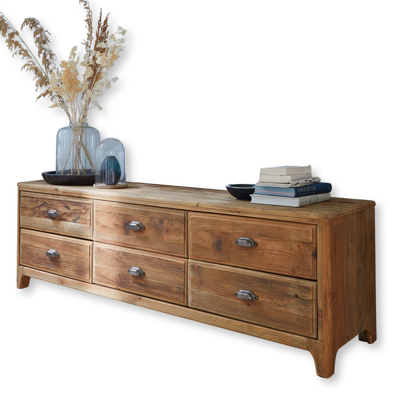 Comò Wittfield Comò in legno naturale con sei cassetti e maniglie in metallo, decorato con libri e vasi