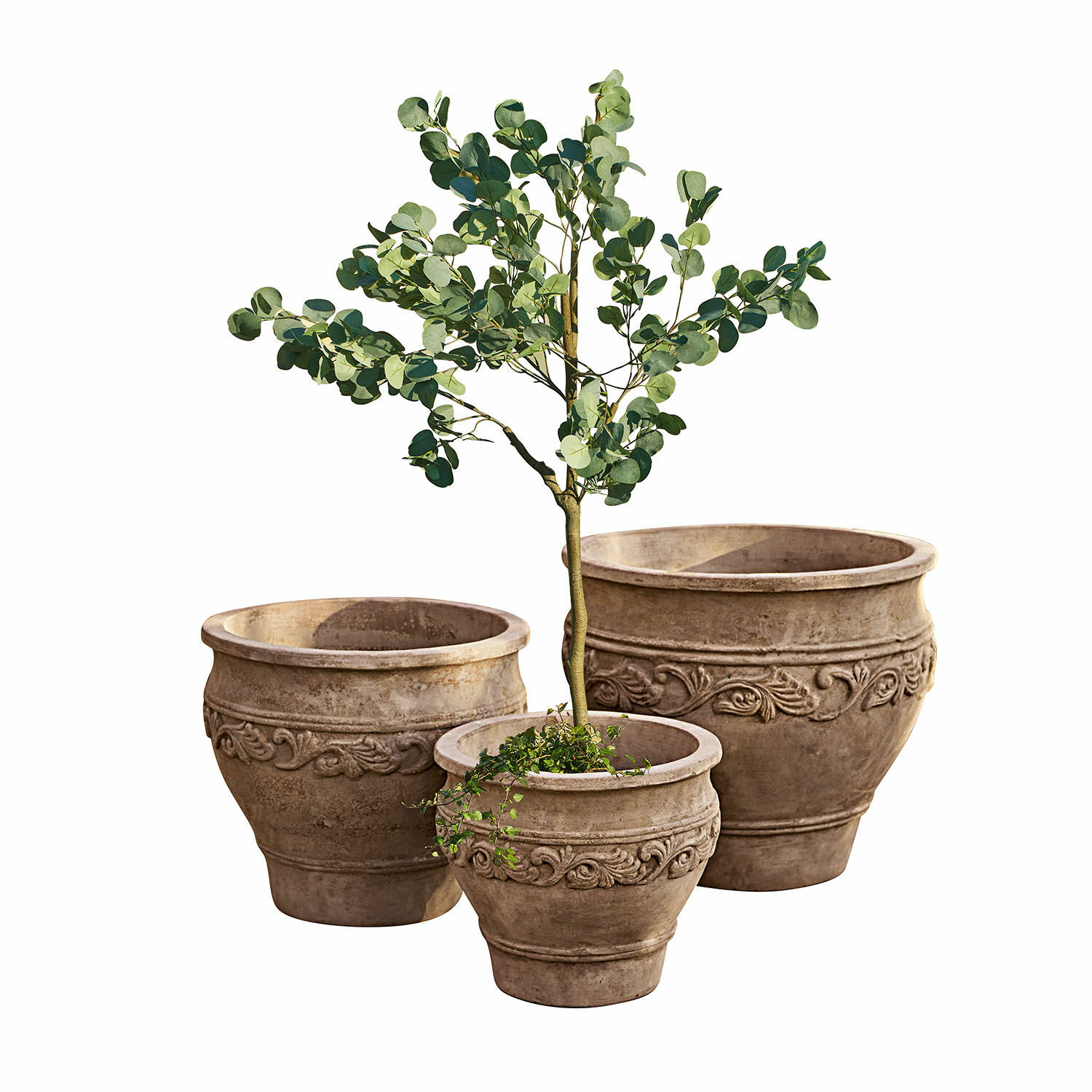 Set di 3 portavasi Sabugal Set di tre vasi decorativi in terracotta marrone con piante per giardino e casa