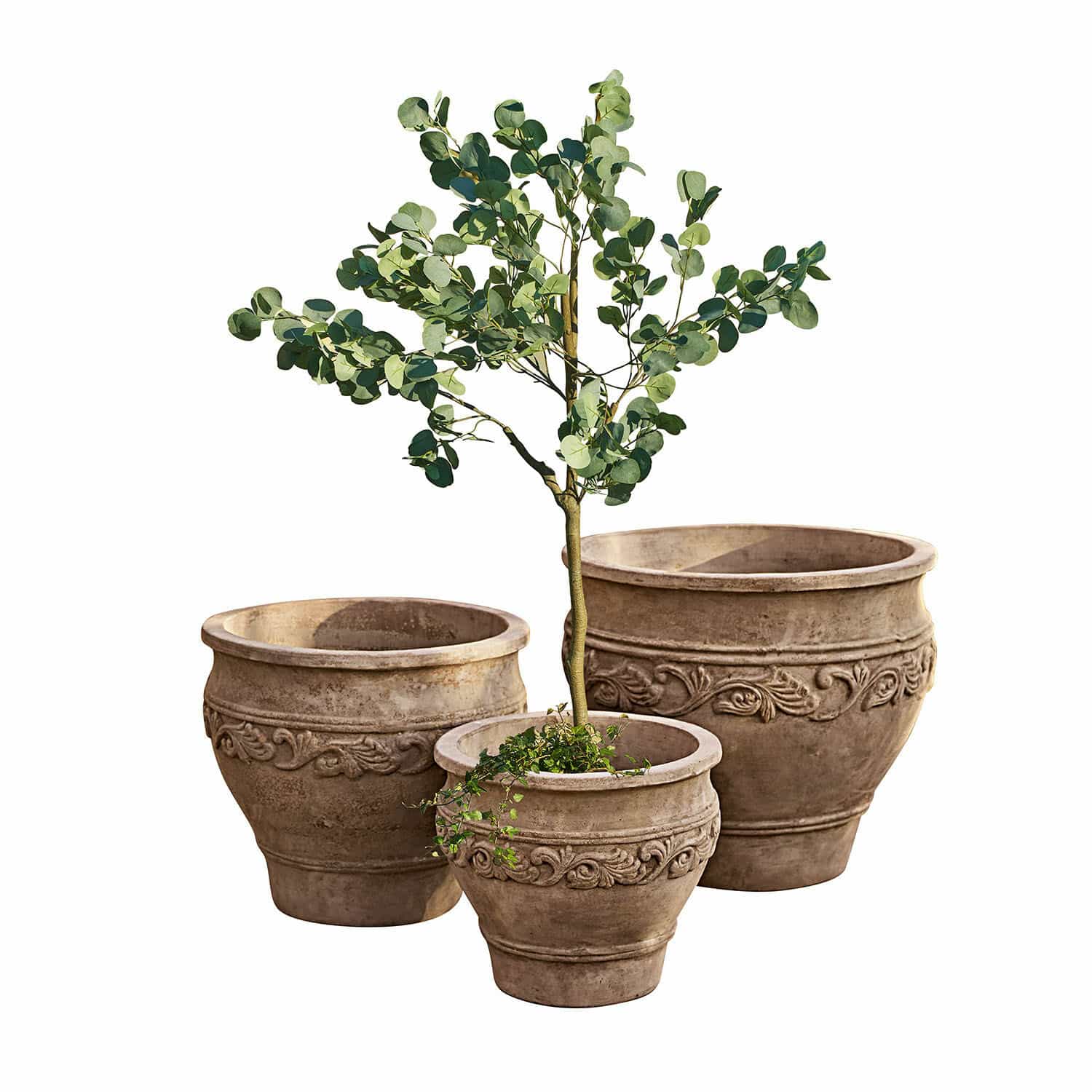 Set di 3 portavasi Sabugal Set di tre vasi decorativi in terracotta marrone con piante per giardino e casa