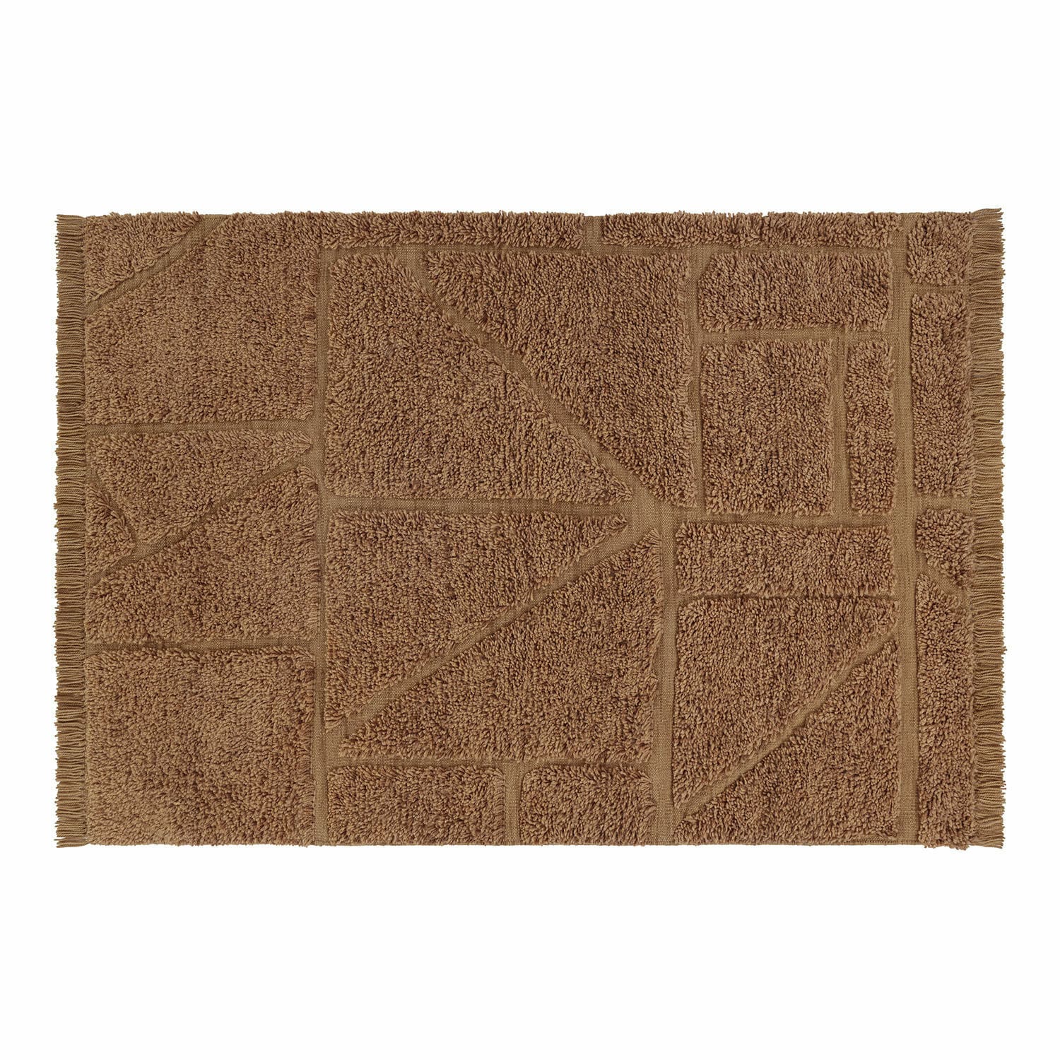 Tappetino da bagno in cotone marrone con motivo geometrico e frange ai bordi