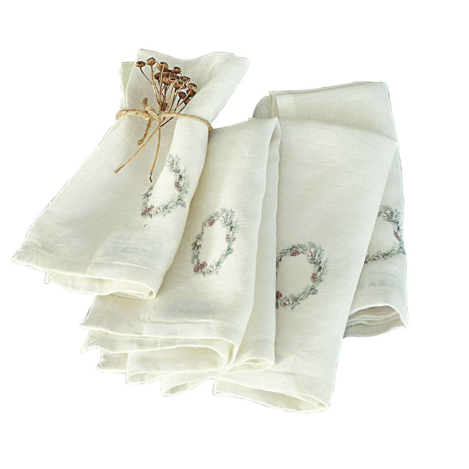 Set di 4 tovaglioli Torge Set di tovaglioli in lino color crema con motivo corona delicato e fiori secchi legati