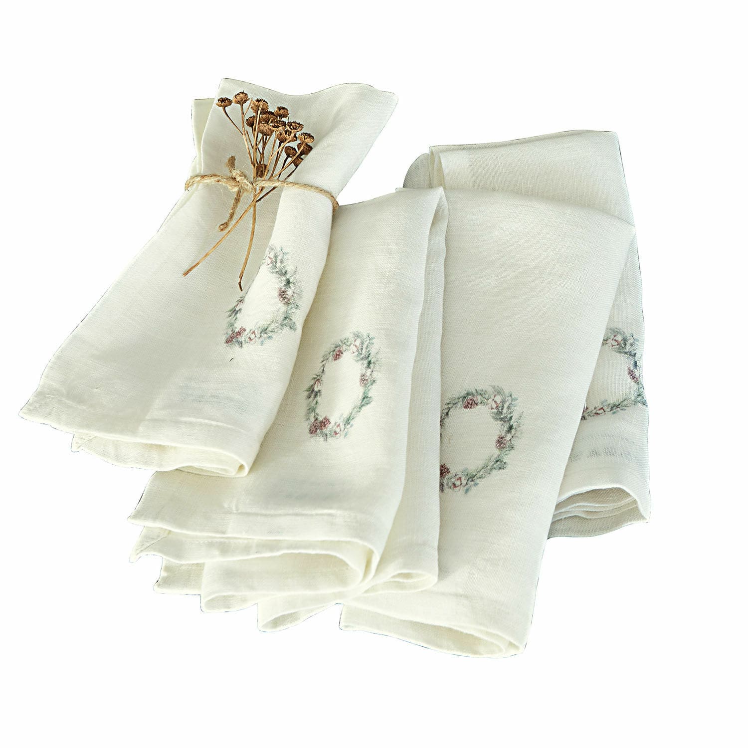 Set di 4 tovaglioli Torge Set di tovaglioli in lino color crema con motivo corona delicato e fiori secchi legati