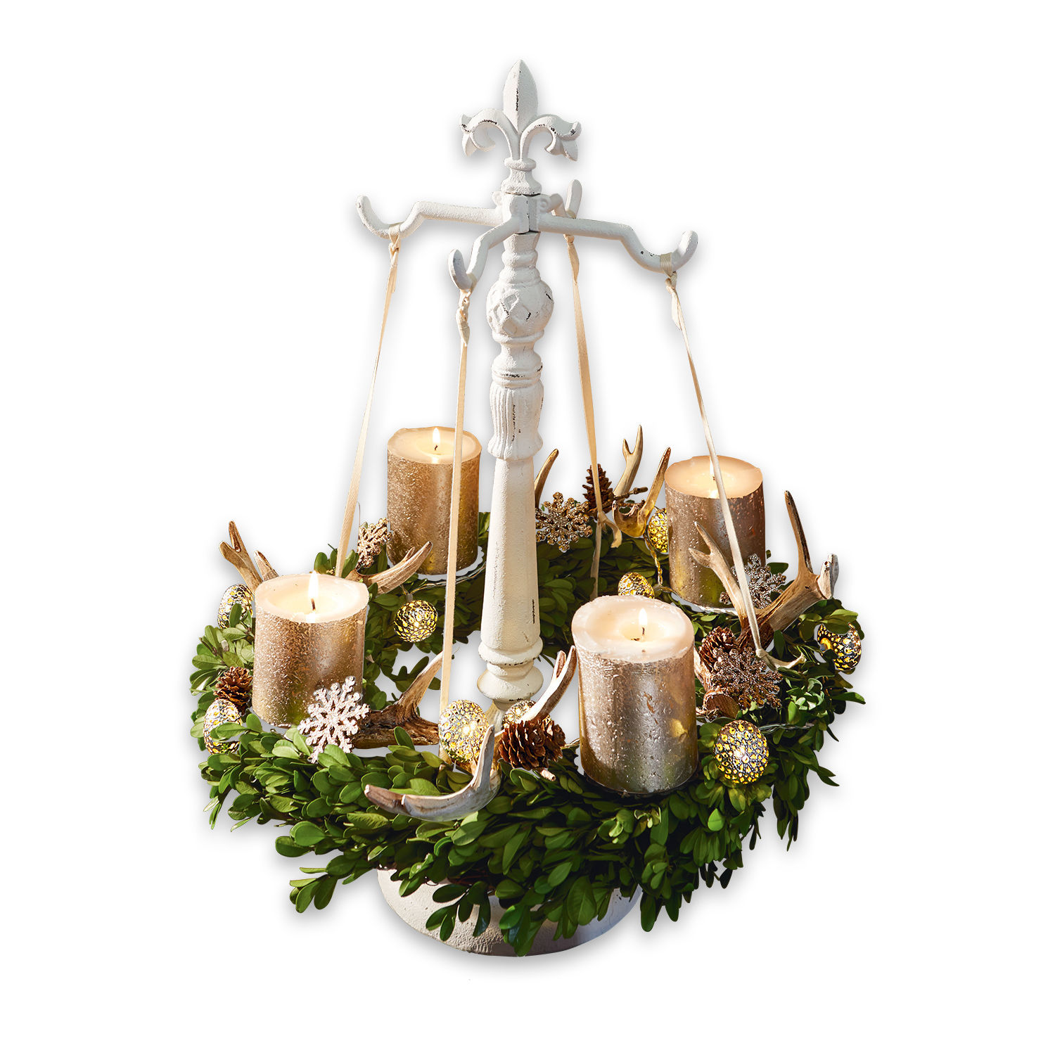 Supporto per ghirlanda natalizia Antwan Corona d'Avvento decorativa con foglie verdi, candele dorate e base in metallo bianco
