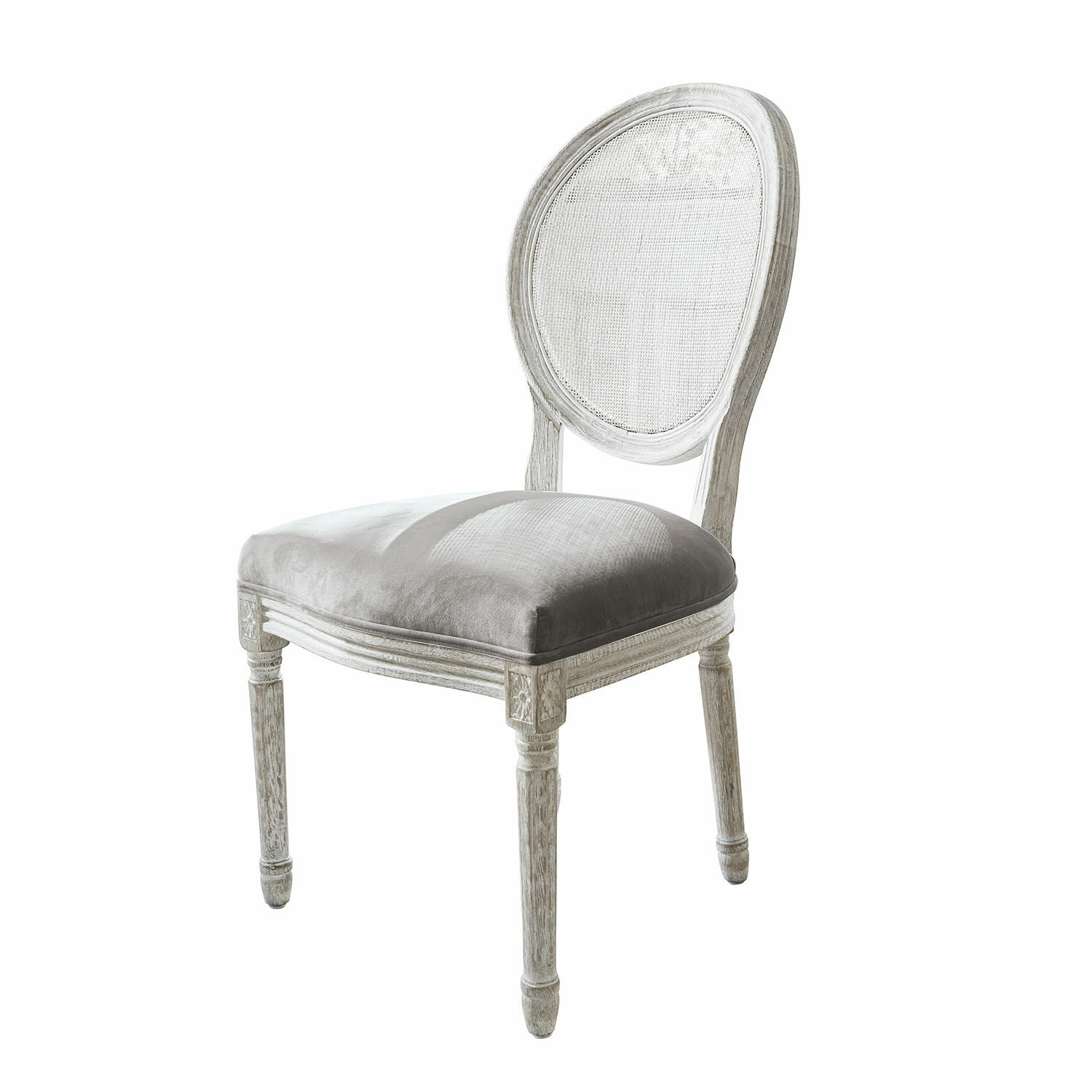 bianco/grigio Sedia Danube in legno bianco con seduta in velluto grigio, stile vintage per soggiorno
