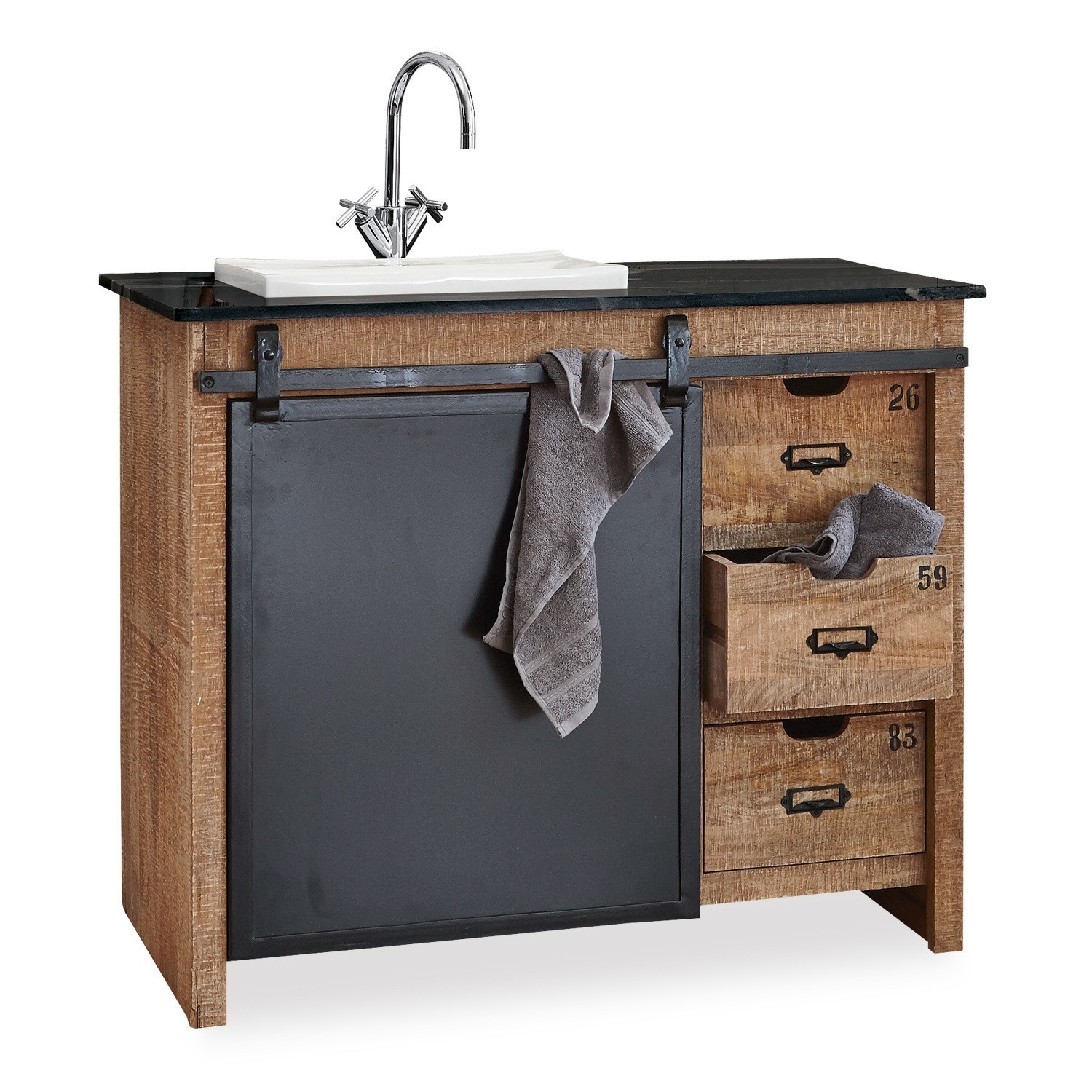 Mobile con lavabo Taylors Island Mobile bagno in legno di mango e metallo con anta nera e lavabo bianco, stile industriale