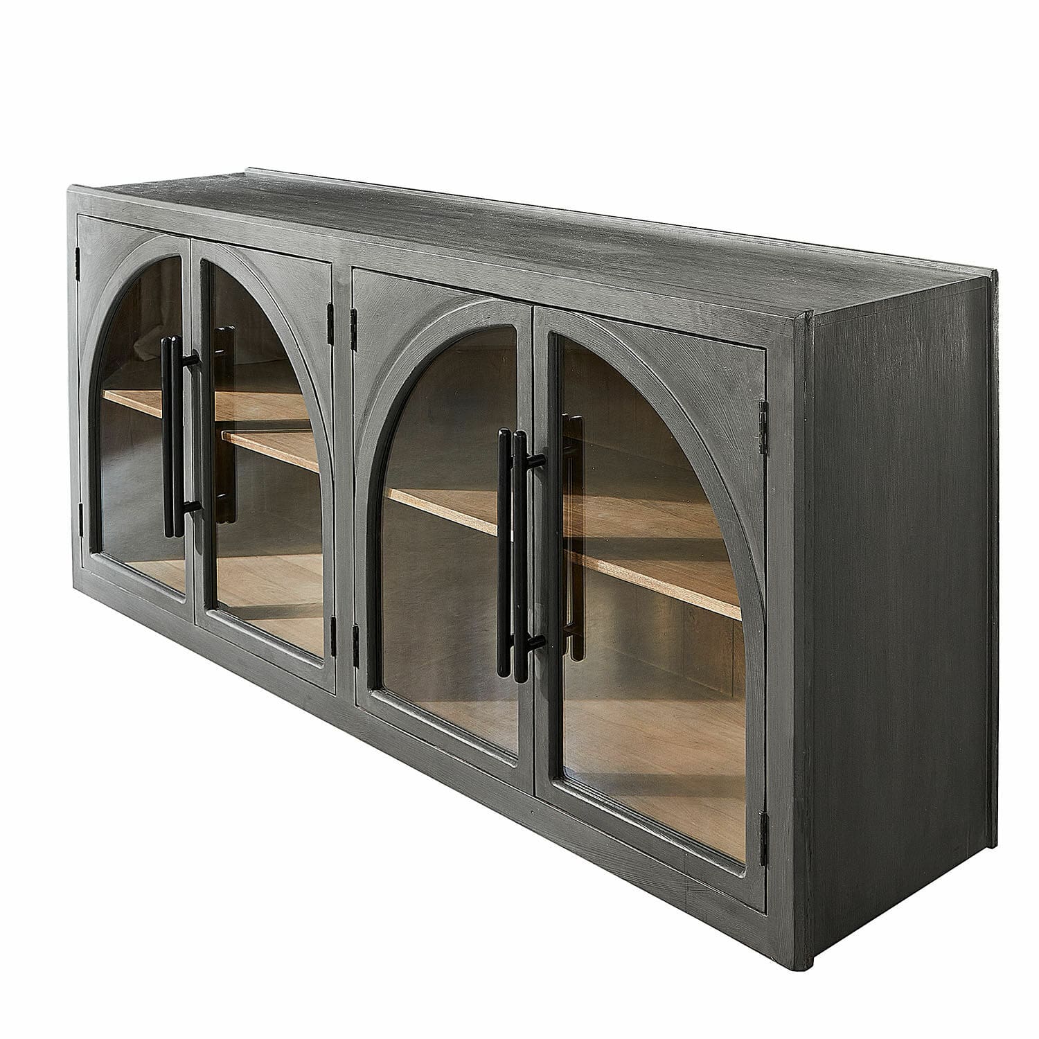 Credenza bassa Chaloraine Mobile in legno grigio con ante in vetro e ripiani, mobile contenitore per soggiorno