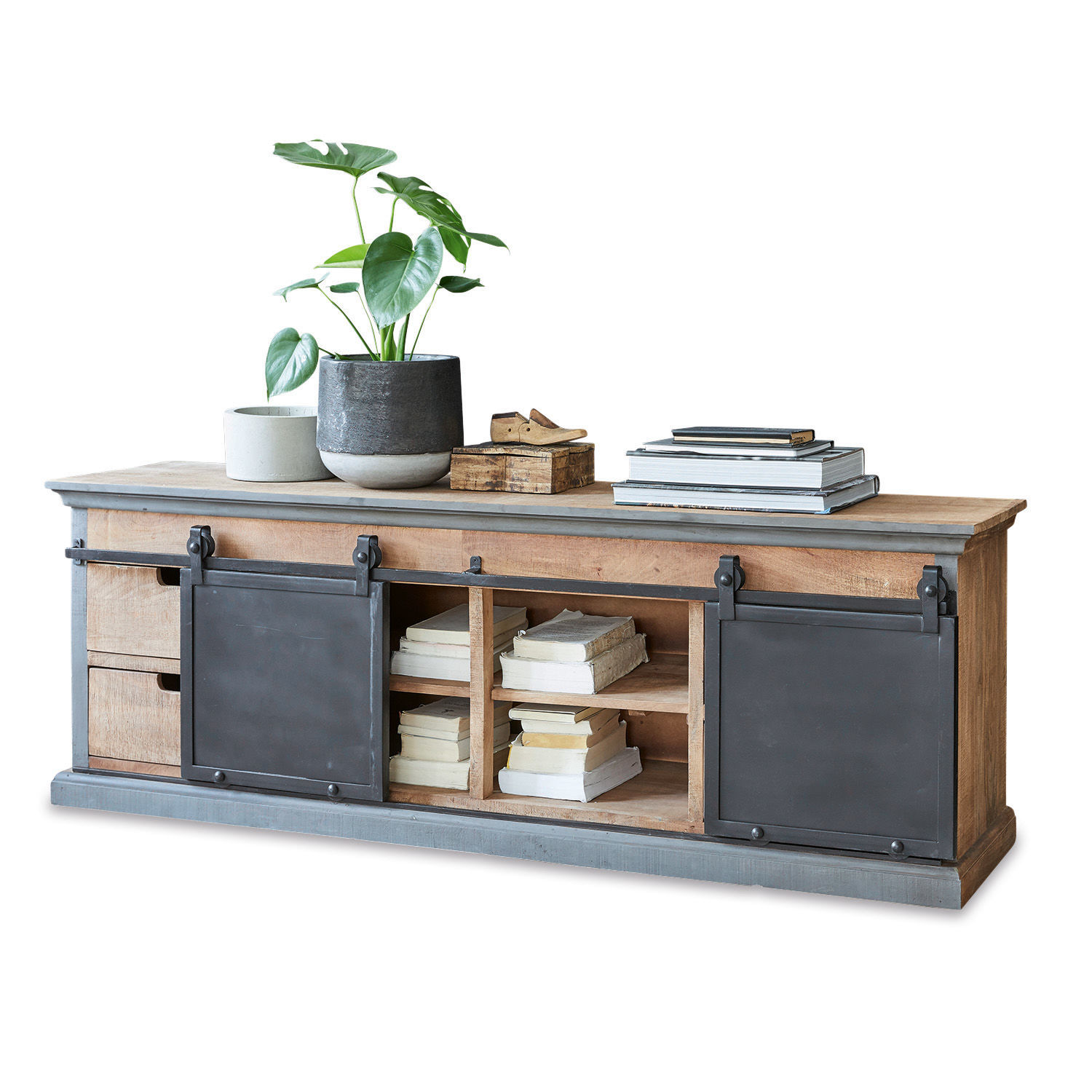 Comò Vulmont Credenza in legno con ante scorrevoli in metallo e ripiani per libri, decorata con pianta e libri