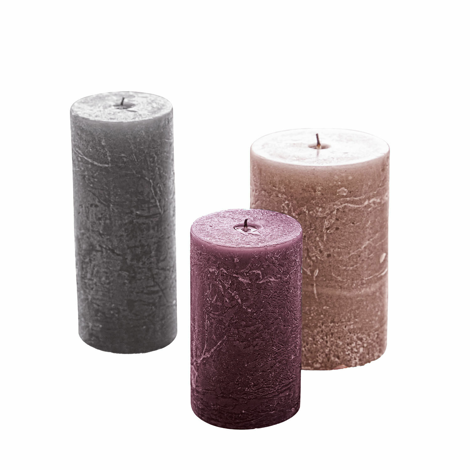 rosa/lilla/grigio Set di 3 candele Pretin rosa, lilla e grigie con texture cerata decorativa