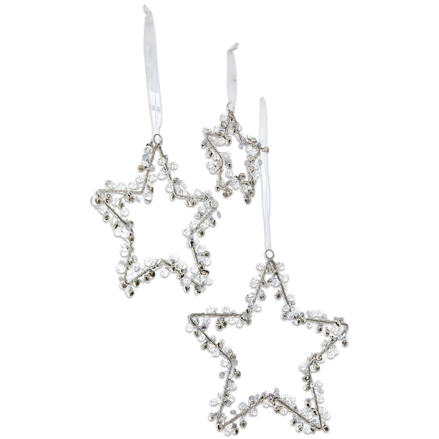 Set di 3 decorazioni natalizie Harley Set di tre stelle decorative in metallo con perline trasparenti su nastri bianchi, decorazione natalizia
