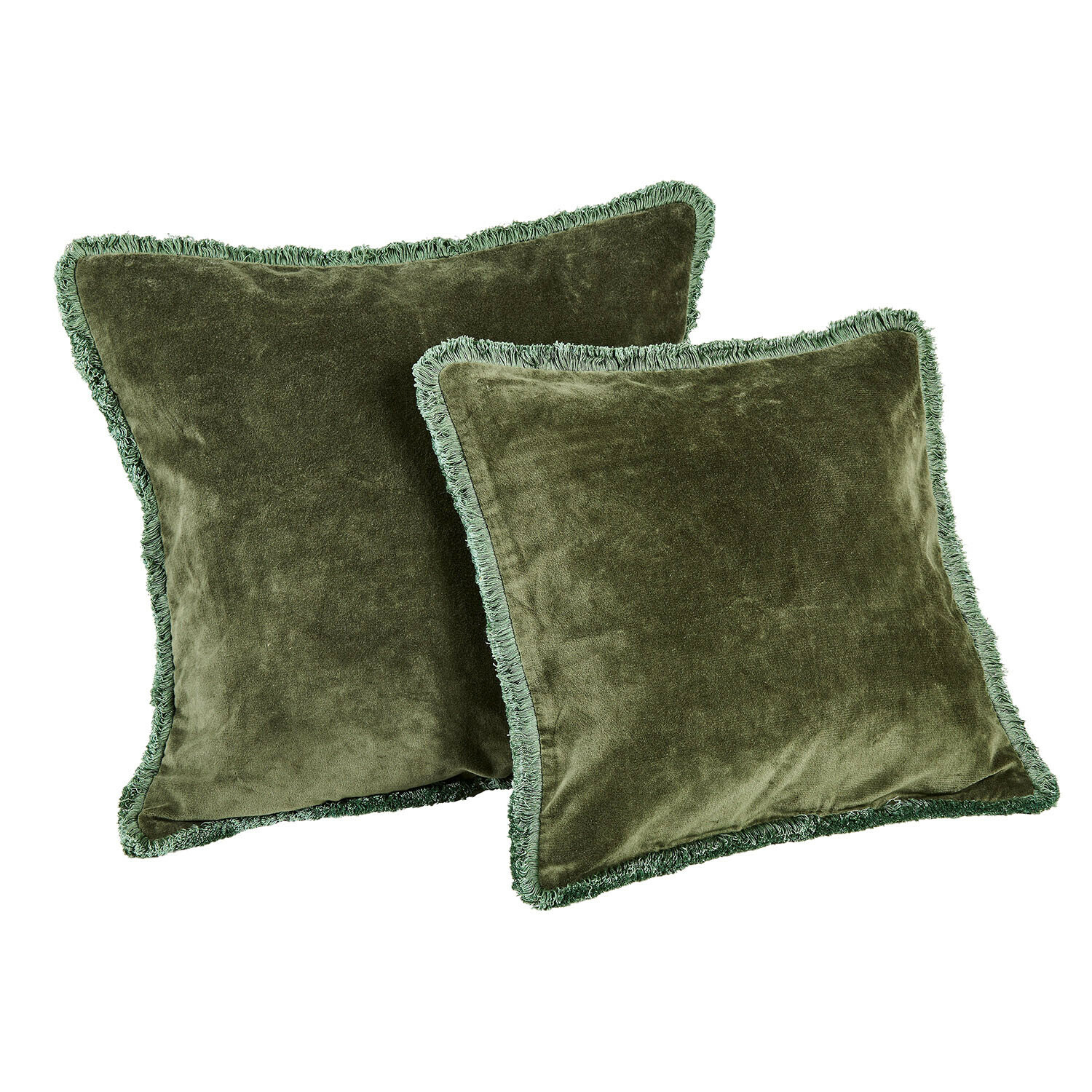 Coppia di copricuscini Maelis Set di due cuscini decorativi verdi in morbido velluto con frange, perfetti per il soggiorno