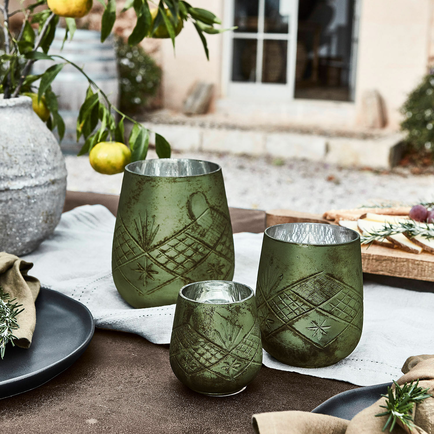Set di 3 portacandele Vitas Set di tre portacandele verdi in vetro con motivo, decorazione rustica per tavolo