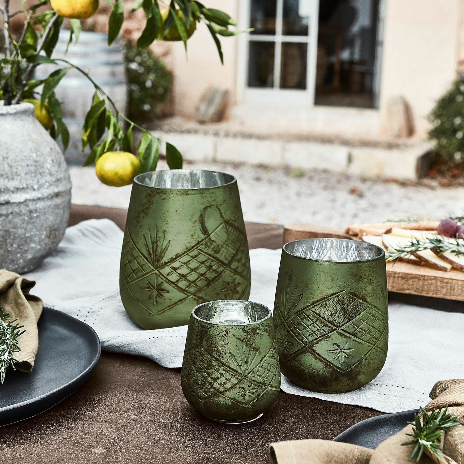 Set di 3 portacandele Vitas Set di tre portacandele verdi in vetro con motivo, decorazione rustica per tavolo