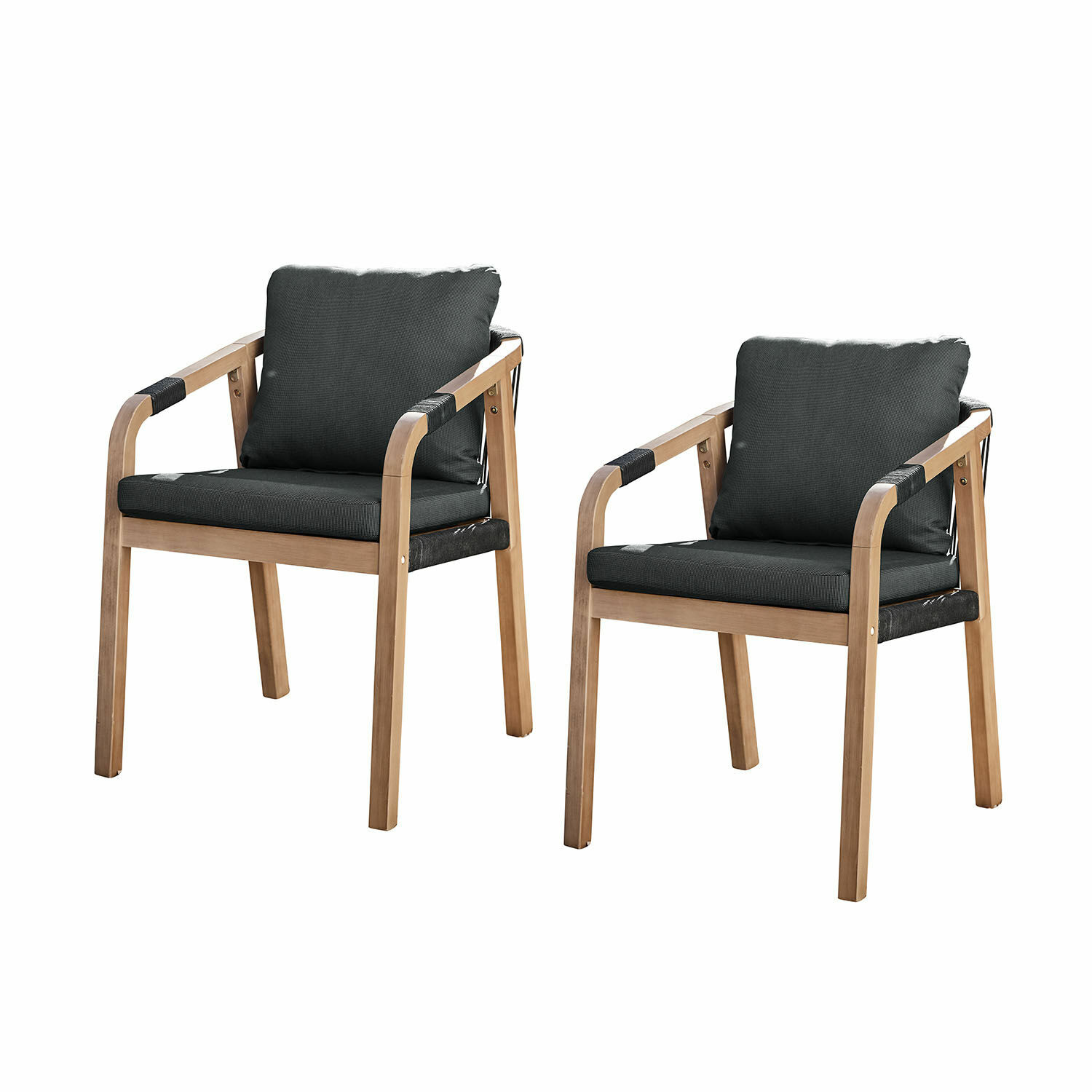 marrone/nero Set di due sedie Kennedy in legno FSC marrone con cuscini neri, mobili confortevoli per soggiorno