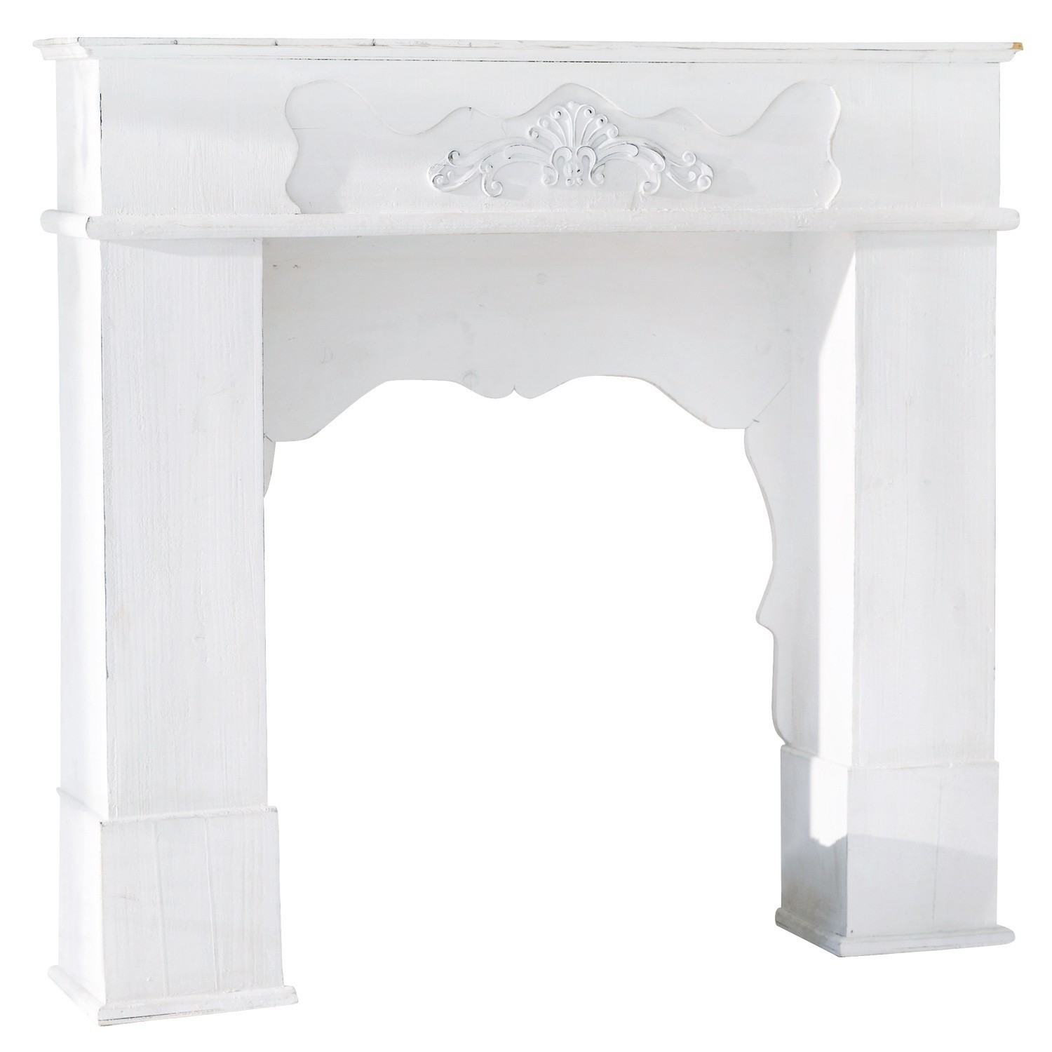 Consolle caminetto Margaux Cornice camino in legno bianco con intaglio decorativo, stile vintage, complemento d'arredo