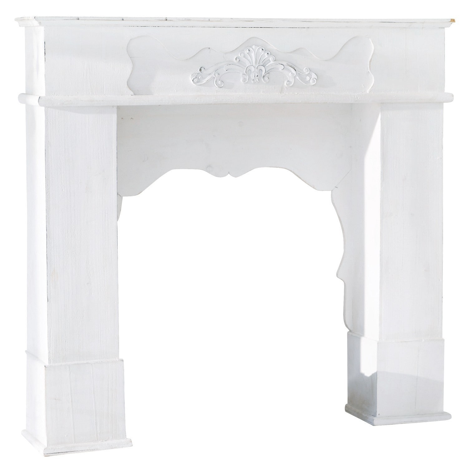 Consolle caminetto Margaux Cornice camino in legno bianco con intaglio decorativo, stile vintage, complemento d'arredo