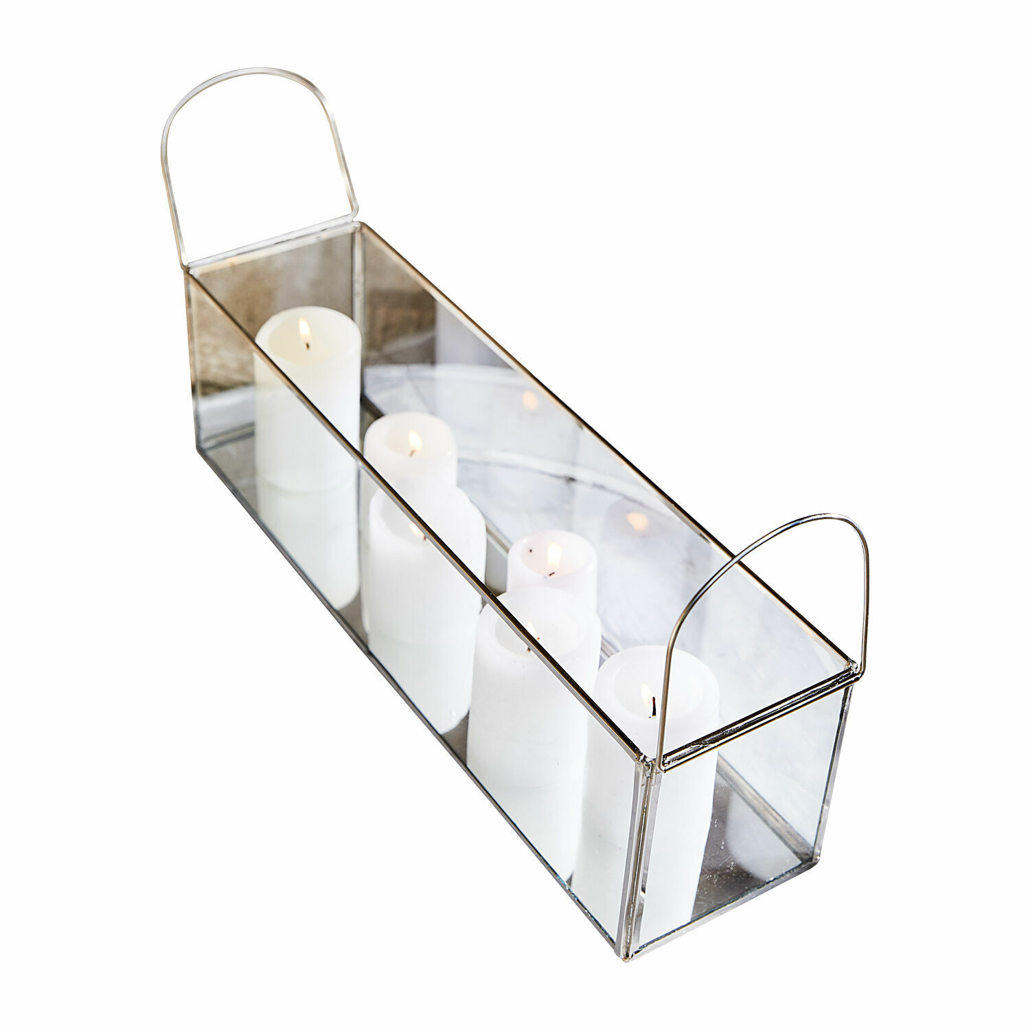Portacandele Quinton Portacandele rettangolare in vetro con cornice metallica e manici, candele bianche decorative