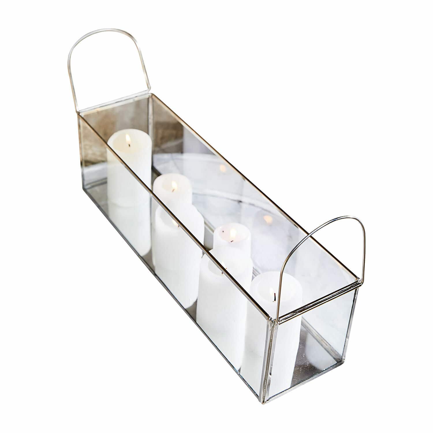 Portacandele Quinton Portacandele rettangolare in vetro con cornice metallica e manici, candele bianche decorative