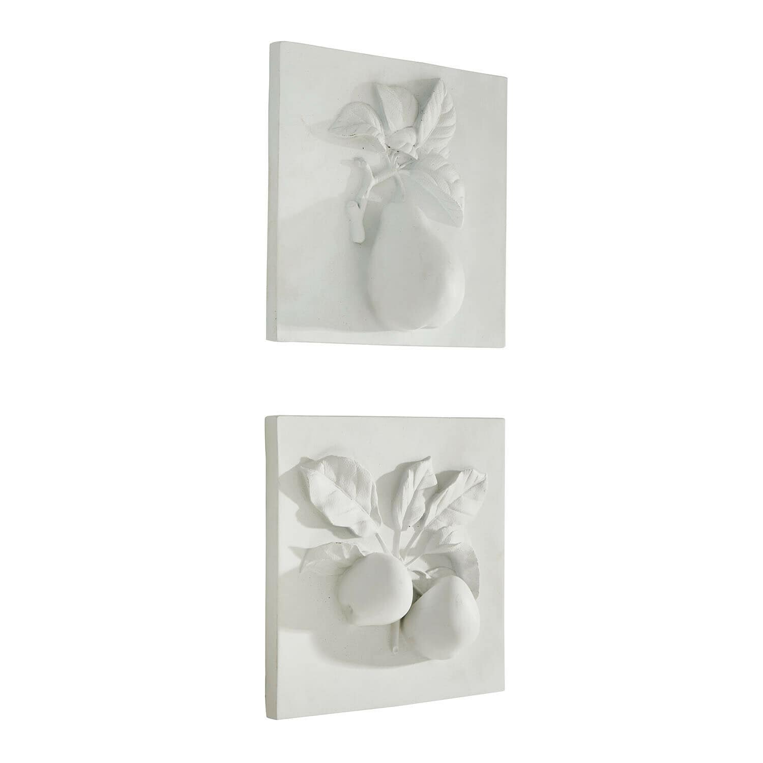 Coppia di quadretti Mirabellas Piastrelle decorative bianche in ceramica con rilievo di frutta e foglie, decorazione da parete