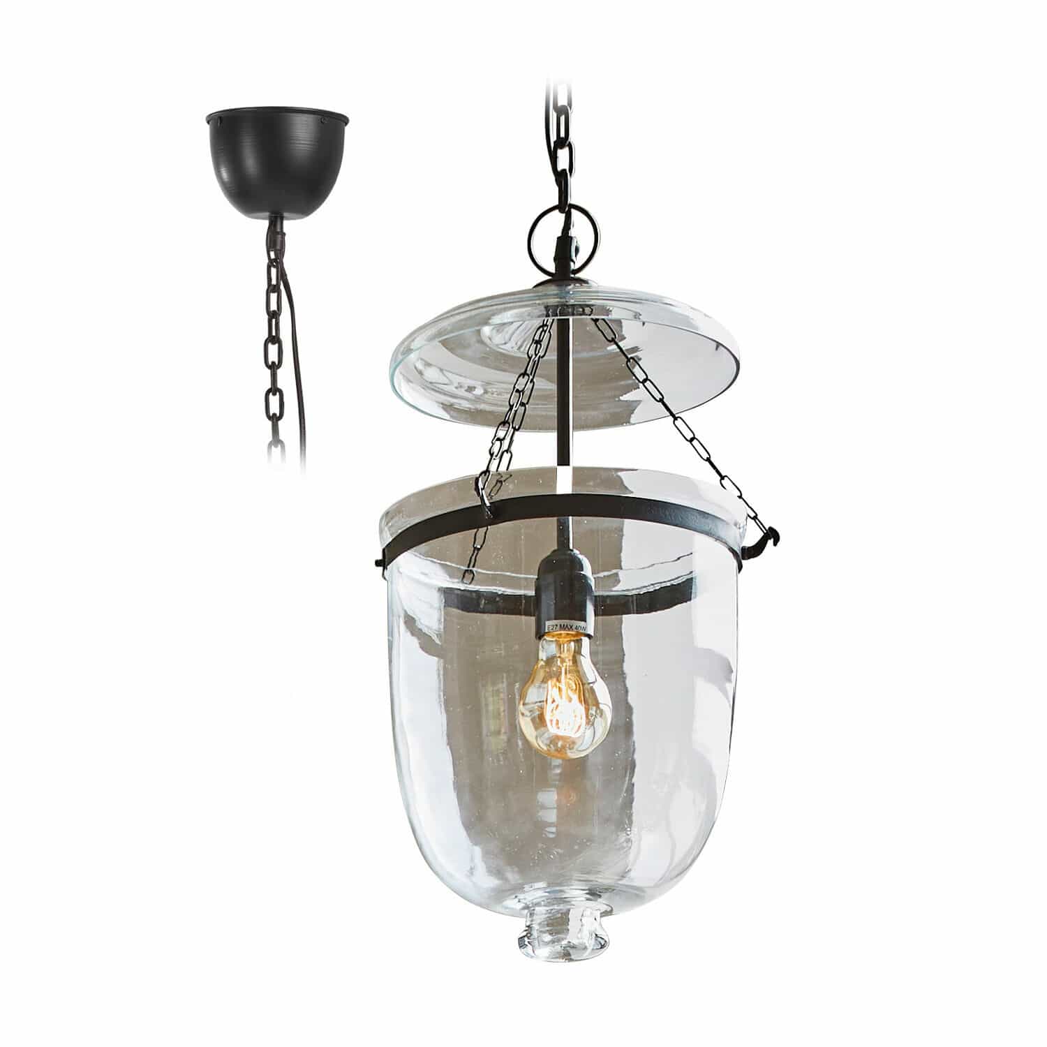 Lampada a sospensione Lanta Lampada a sospensione in vetro con catena metallica nera e paralume trasparente, illuminazione decorativa