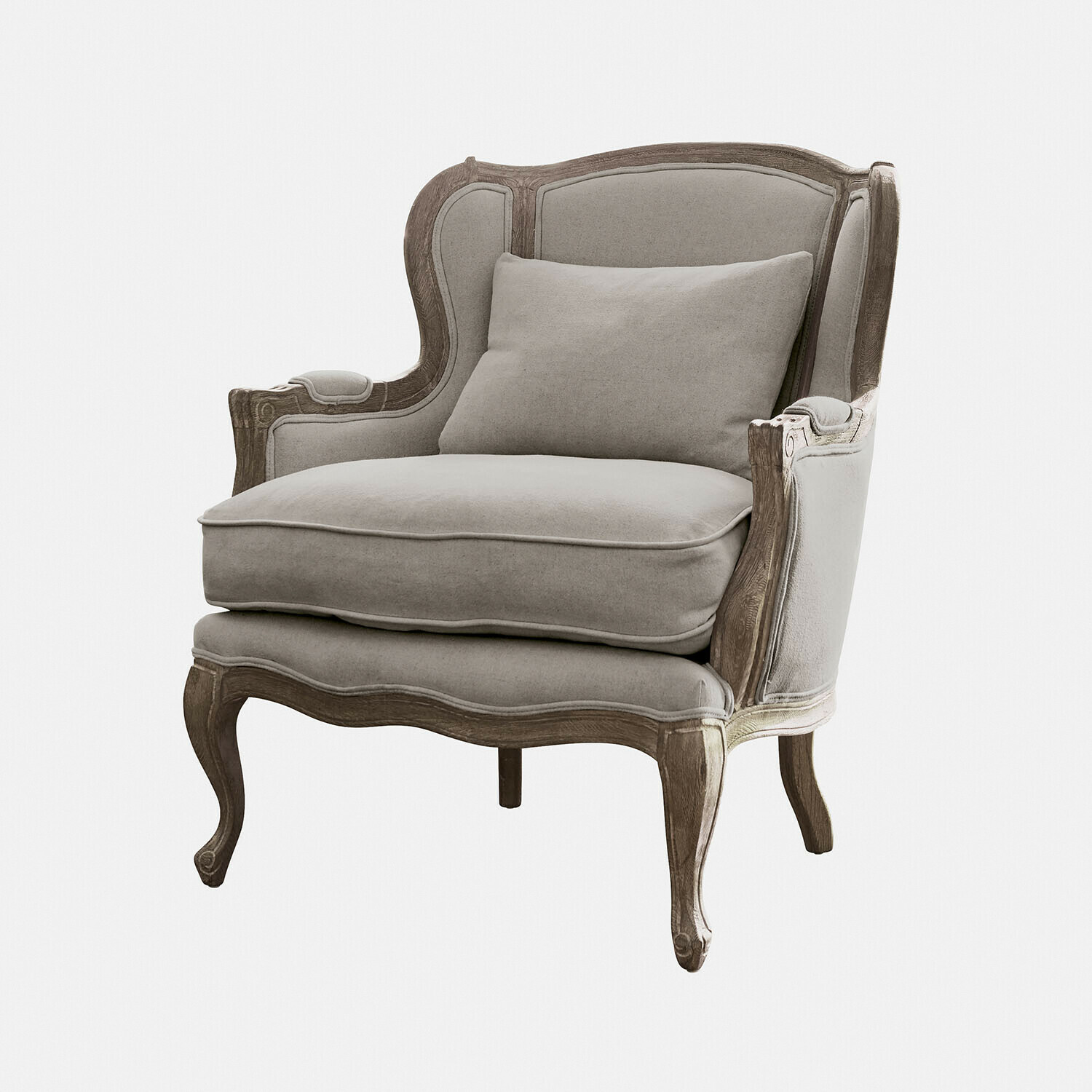 Poltrona Kingswinford Poltrona classica in tessuto grigio con struttura in legno intagliato stile vintage