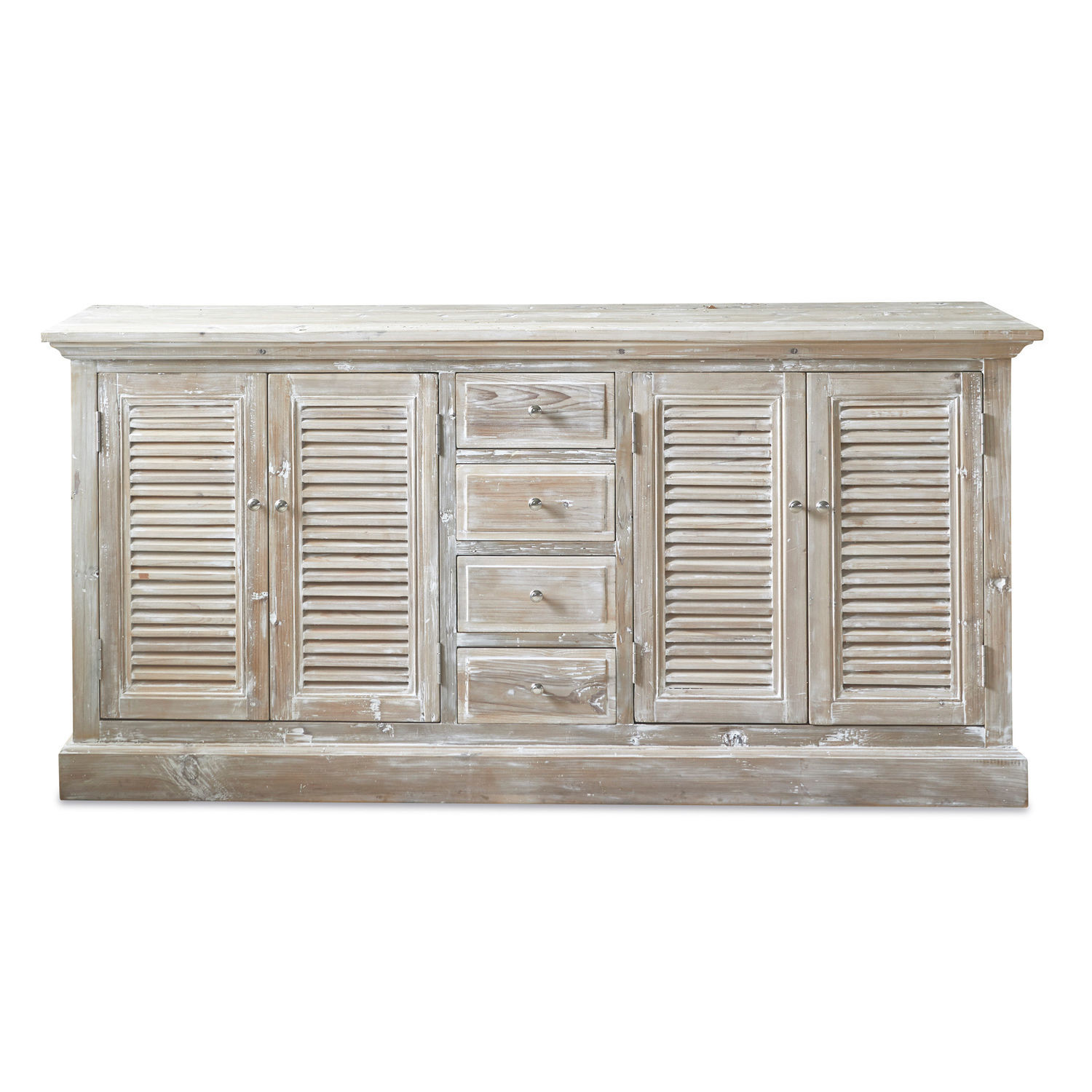 Comò Houston Credenza in legno sbiancato con quattro cassetti e ante a persiana, mobile contenitore