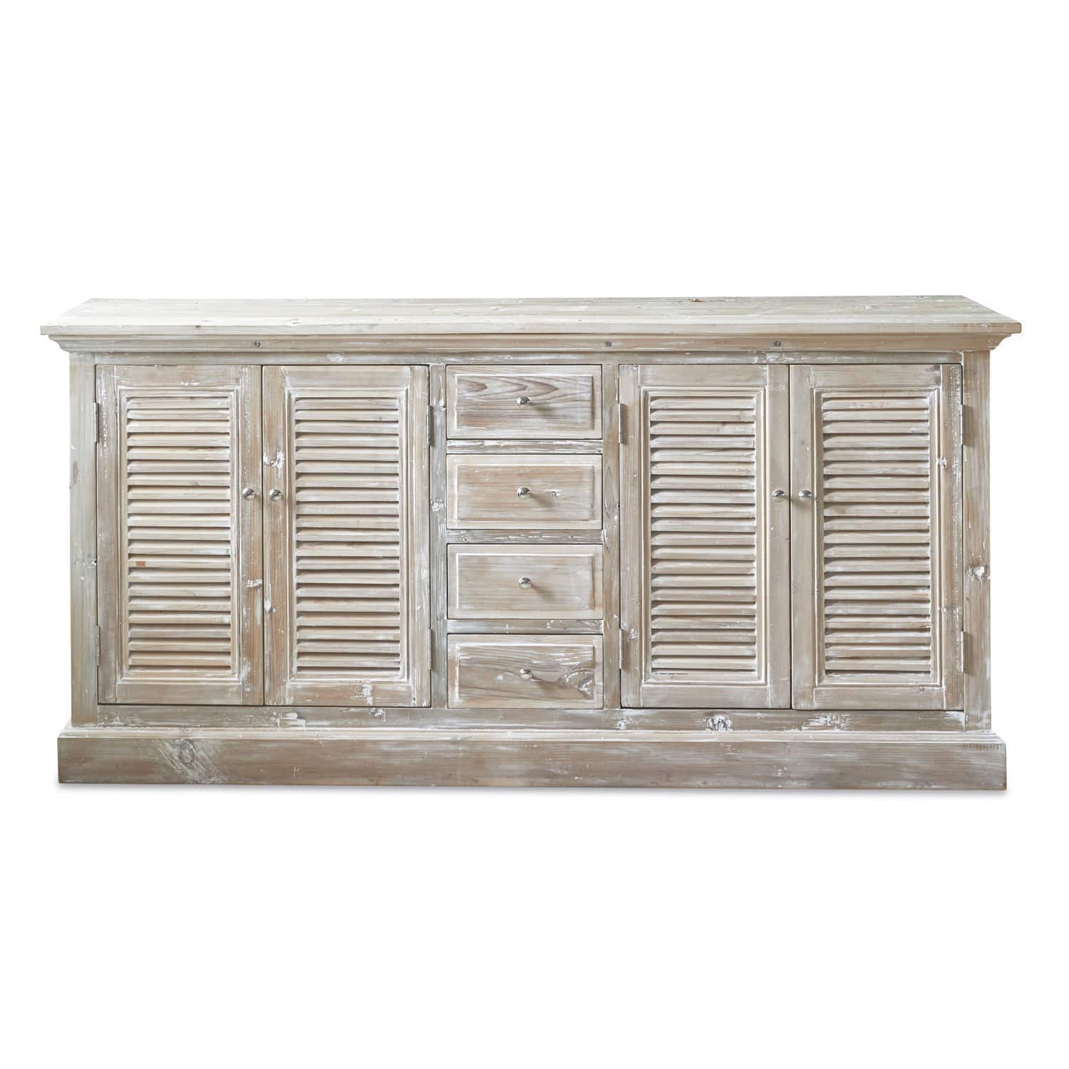 Comò Houston Credenza in legno sbiancato con quattro cassetti e ante a persiana, mobile contenitore