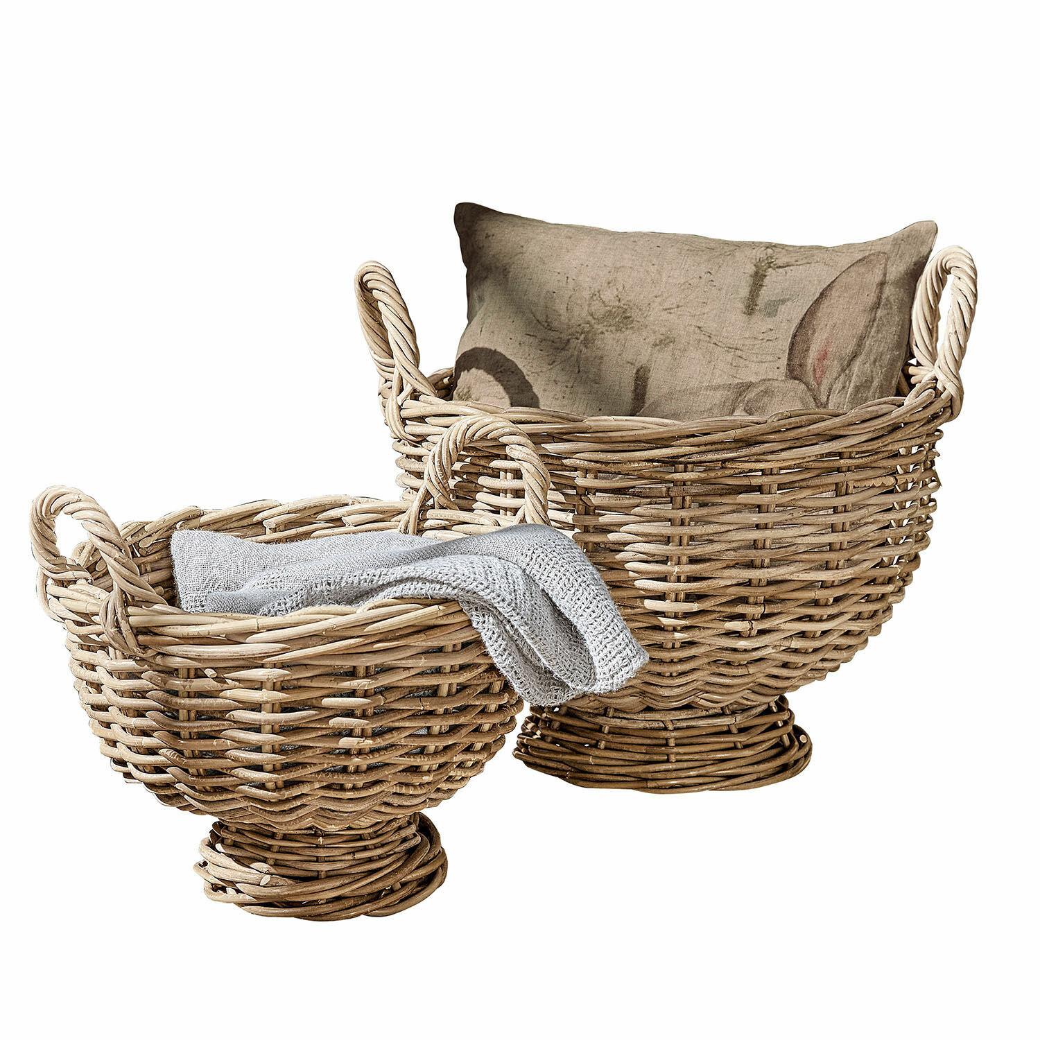 Coppia di cesti Bunyan Set di due cesti in vimini naturale con cuscino e coperta grigia per contenere oggetti