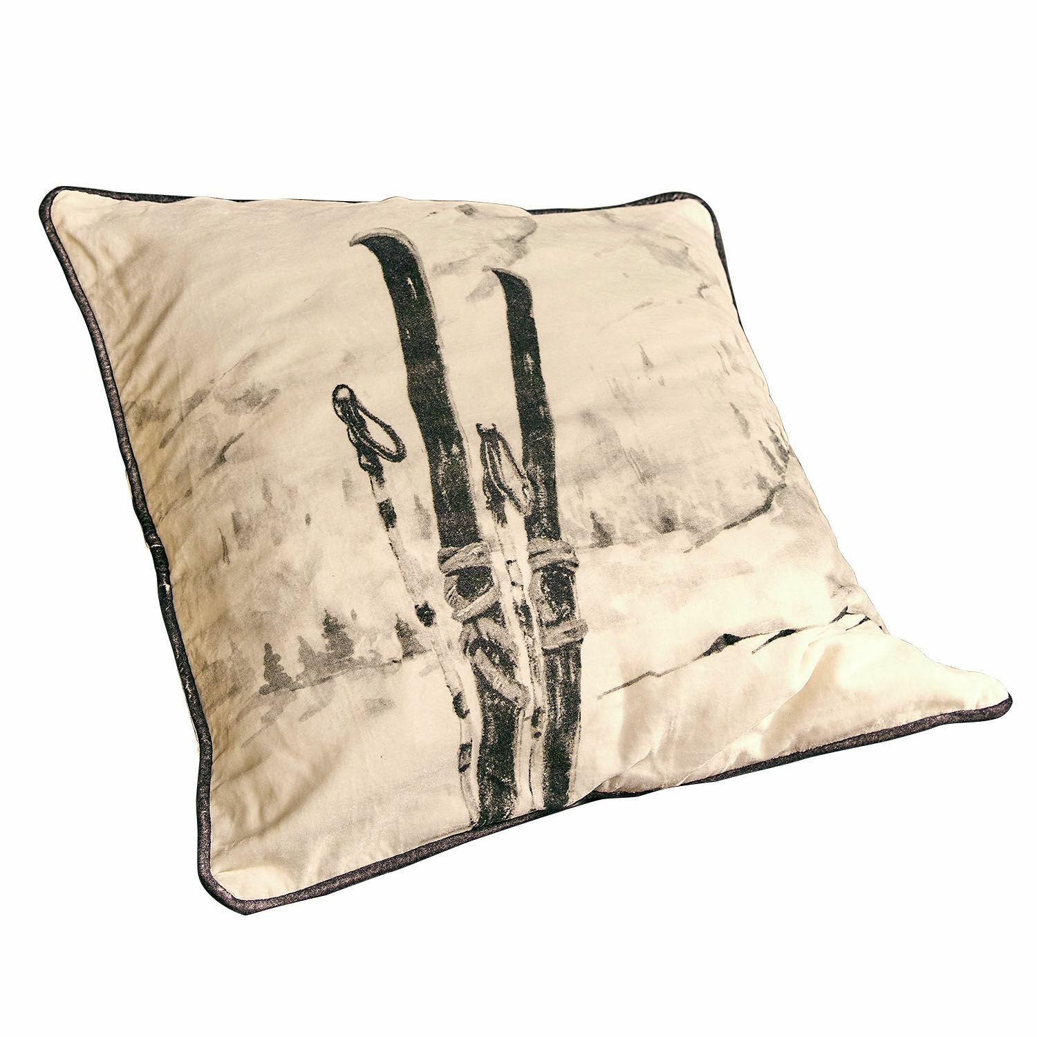 Copricuscino Finorel Cuscino beige in cotone con motivo sci, decorazione invernale per interni