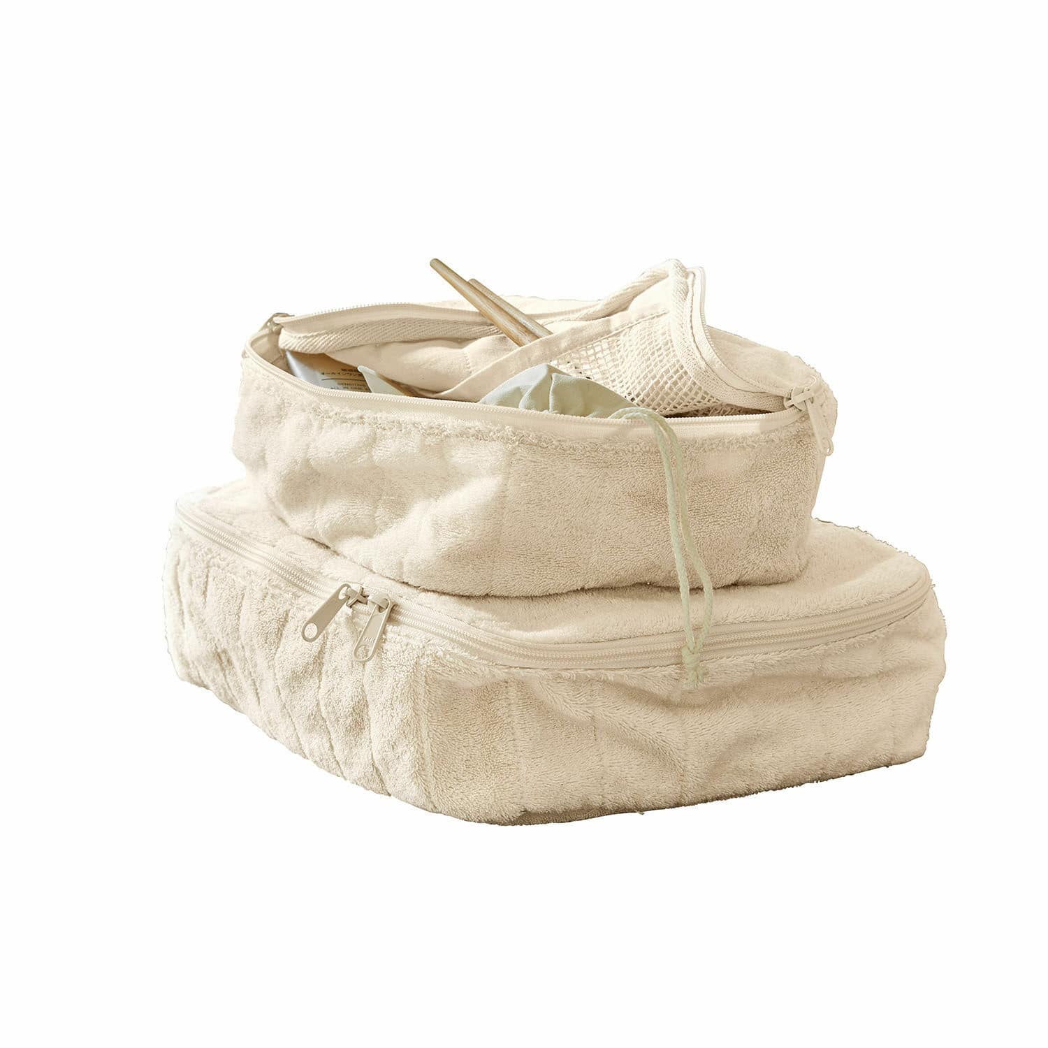 Coppia di astucci portatrucchi Invarel Borse morbide in tessuto spugna beige con cerniere per conservazione e organizzazione pratica