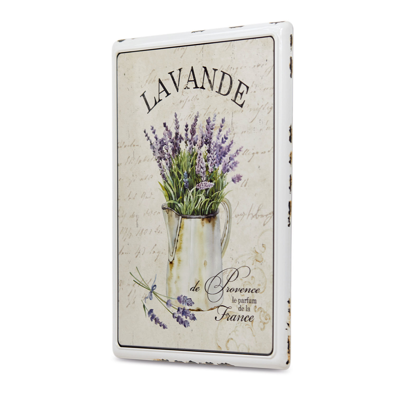 Stampa su metallo Lavande Targa decorativa in metallo con lavanda in brocca bianca su sfondo beige con testo francese