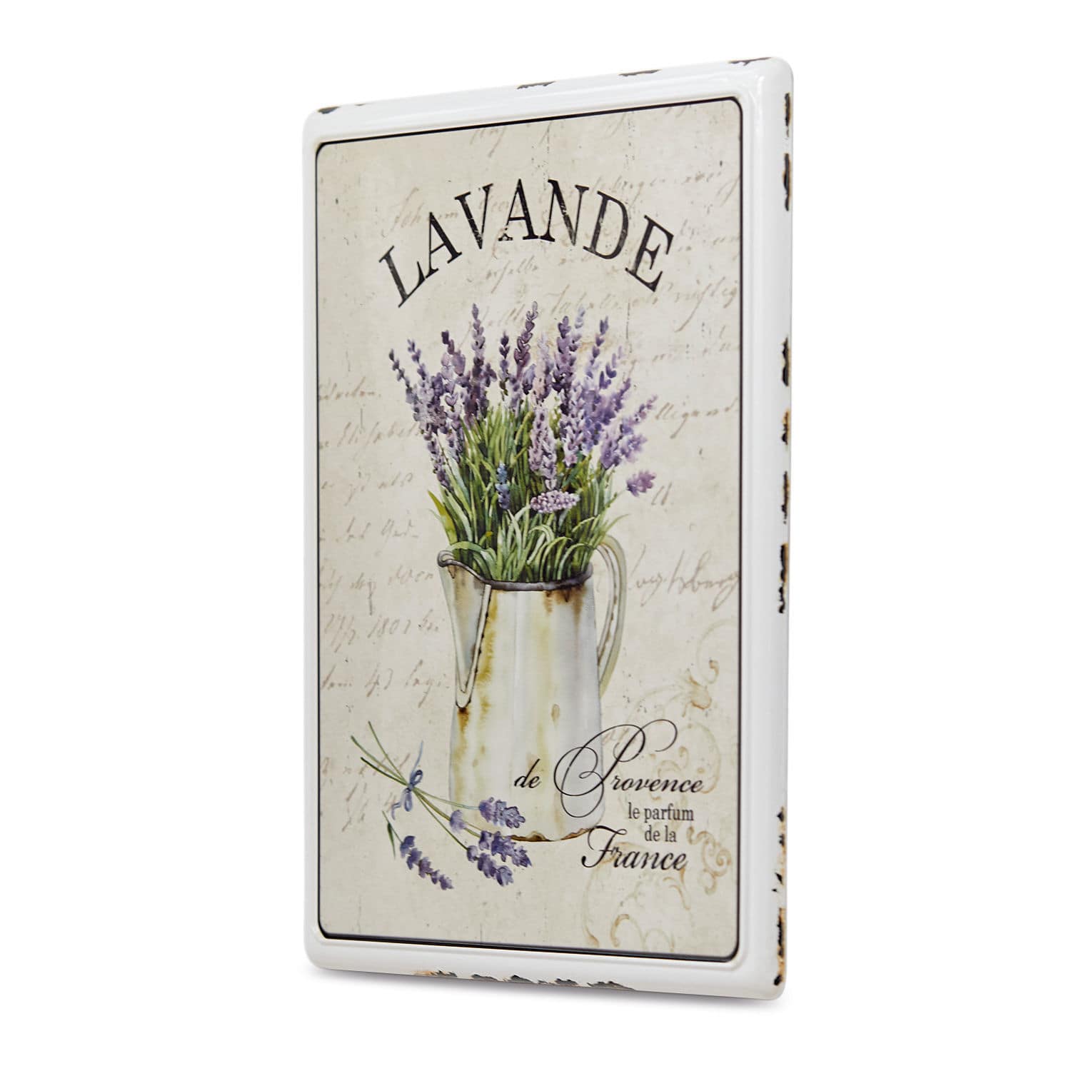 Stampa su metallo Lavande Targa decorativa in metallo con lavanda in brocca bianca su sfondo beige con testo francese