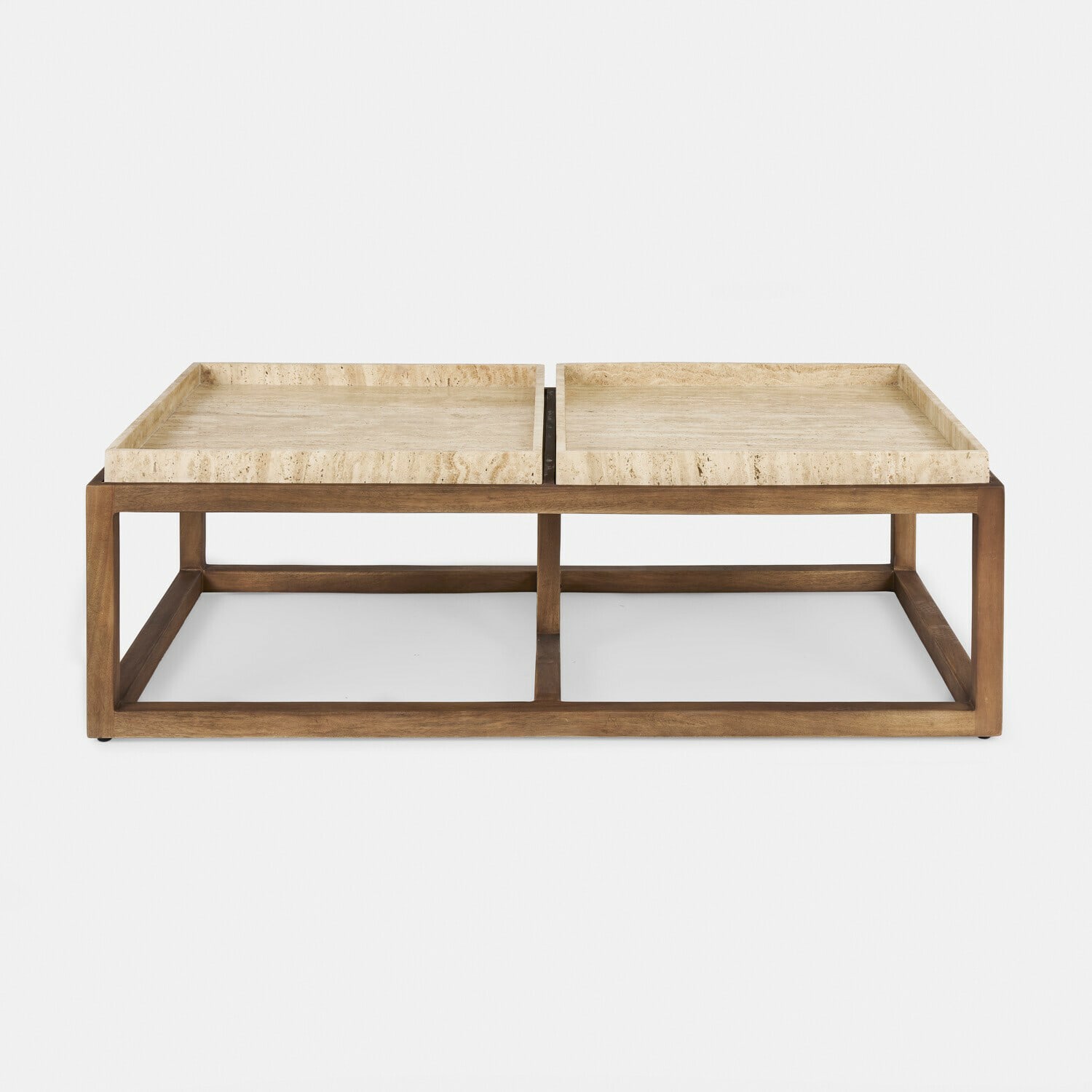 Tavolino da salotto Edwyn Tavolino da salotto in legno chiaro con piano in marmo beige, design moderno per soggiorno