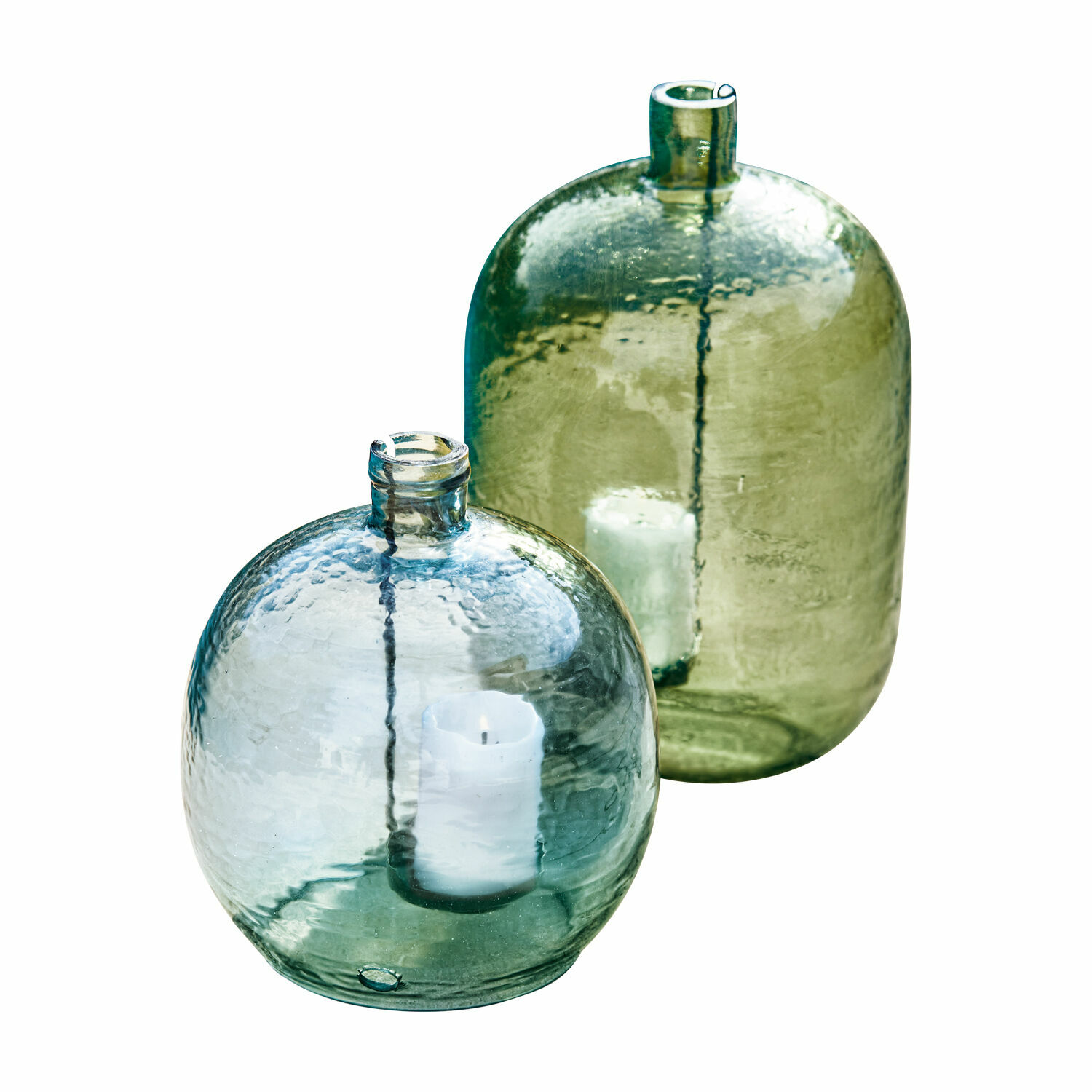 Coppia di portacandele Michel Lanterna in vetro verde e blu con candele bianche per decorazione d'interni elegante