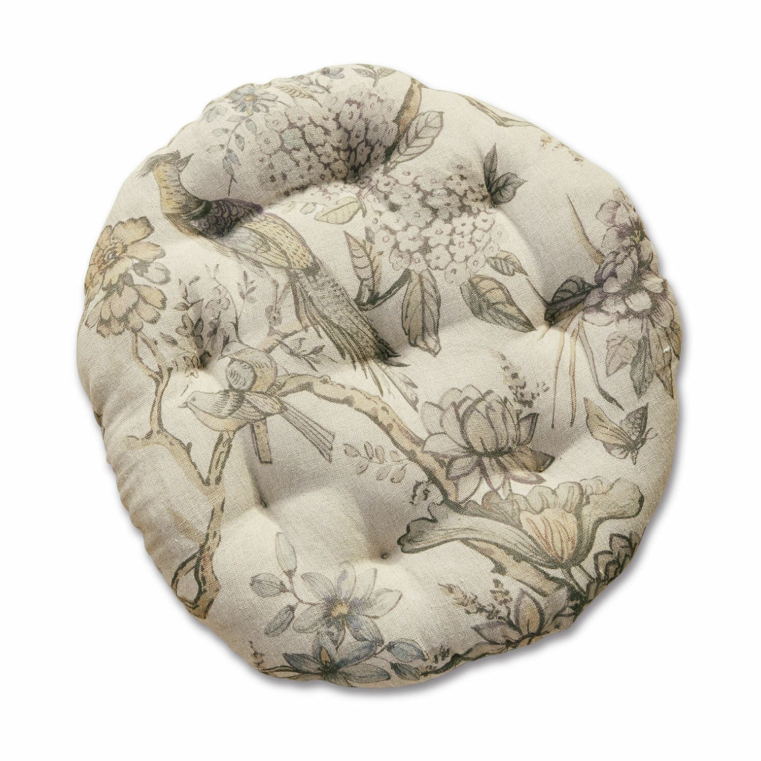 Cuscino da seduta Kayla Cuscino rotondo in cotone beige con motivo floreale e uccelli per sedia comoda