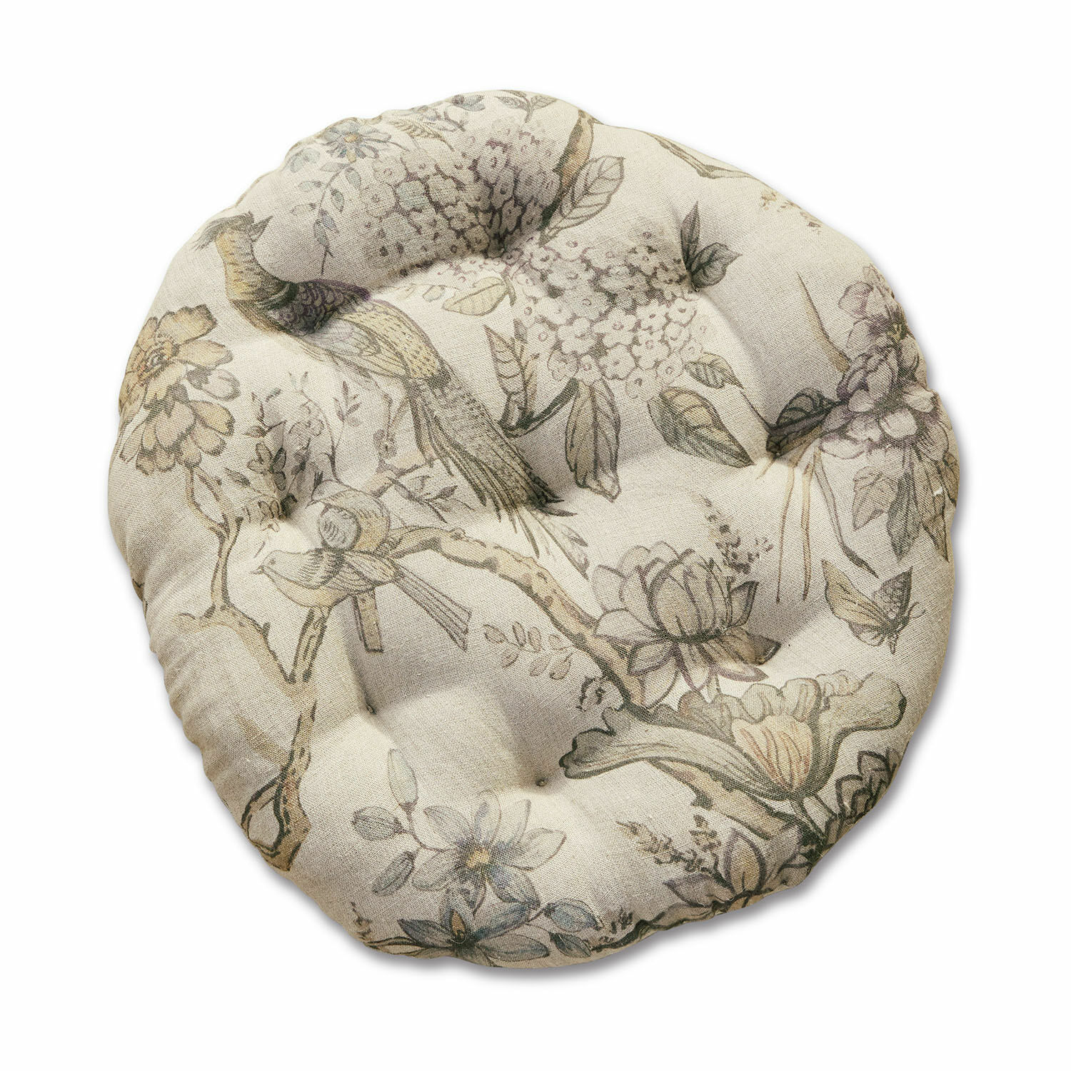 Cuscino da seduta Kayla Cuscino rotondo in cotone beige con motivo floreale e uccelli per sedia comoda