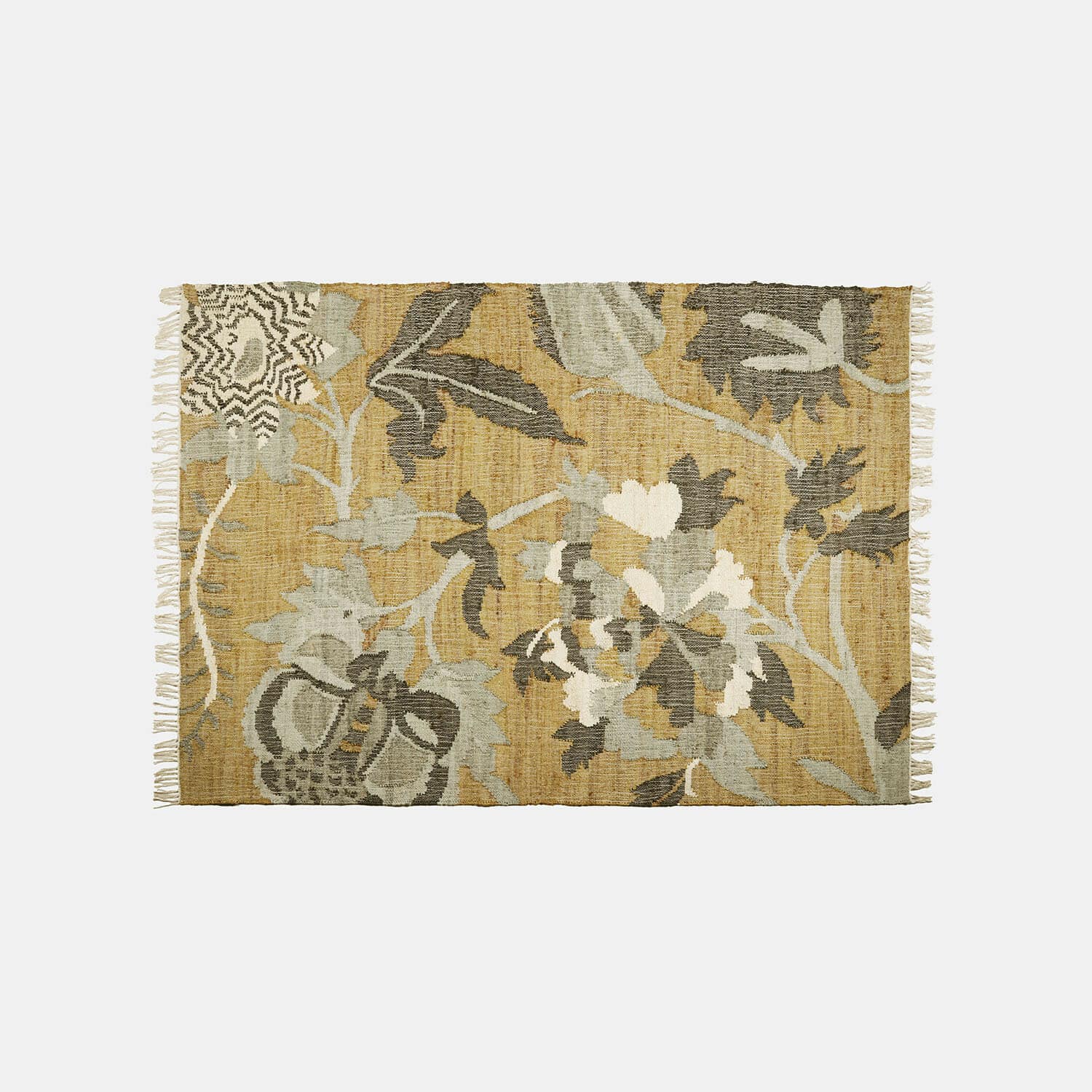 Tappeto Ornelless Tappeto in materiale naturale beige con motivi floreali grigi, decorazione d'interni, tappeto per soggiorno