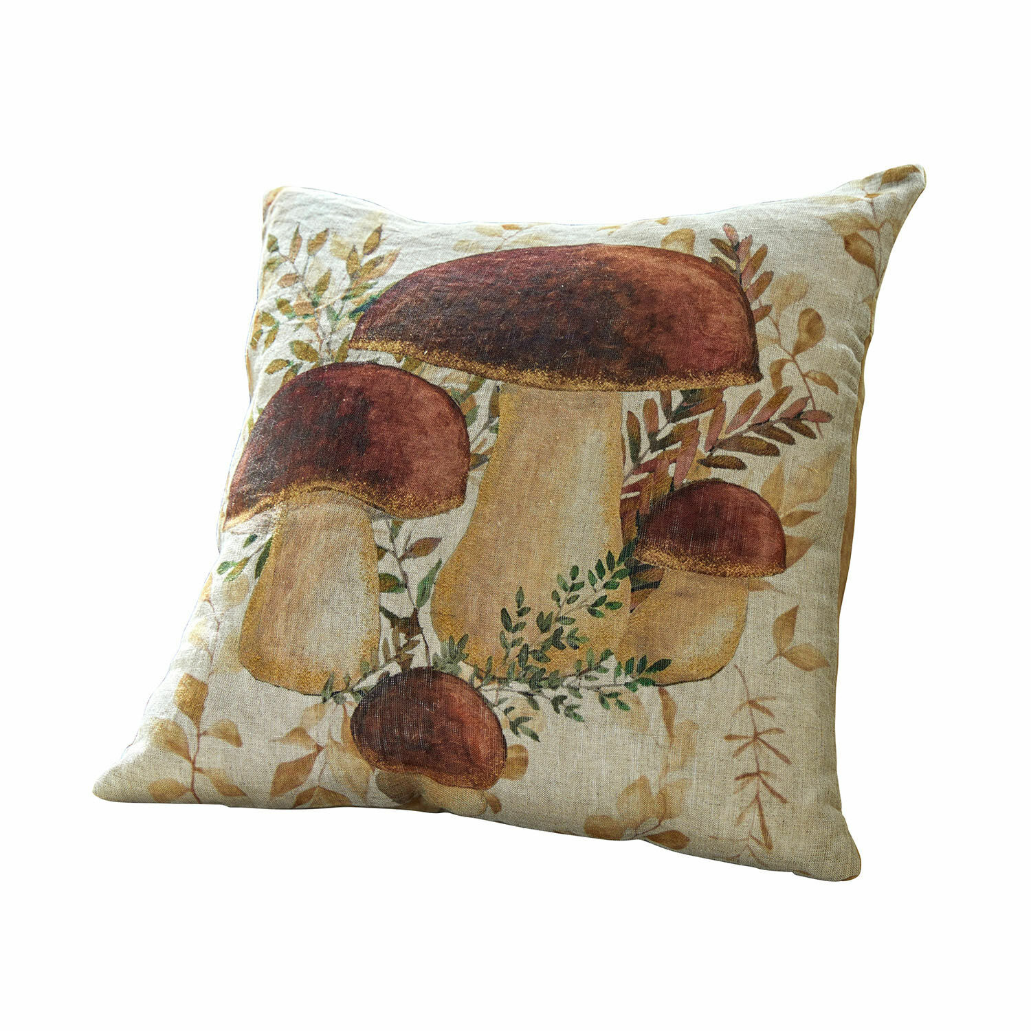 Copricuscino Harvelle Cuscino decorativo in lino con stampa di funghi marroni e beige per arredamento accogliente