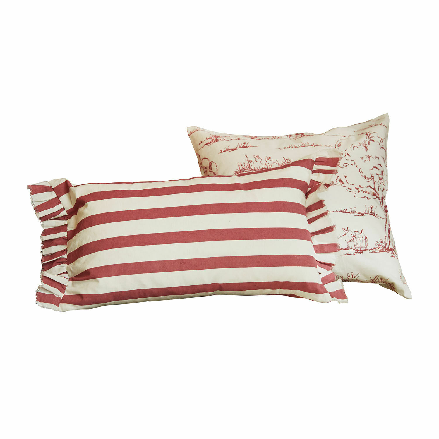 Coppia di copricuscini Fleurine Set di due cuscini in cotone con righe rosse e bianche e motivi decorativi con conigli