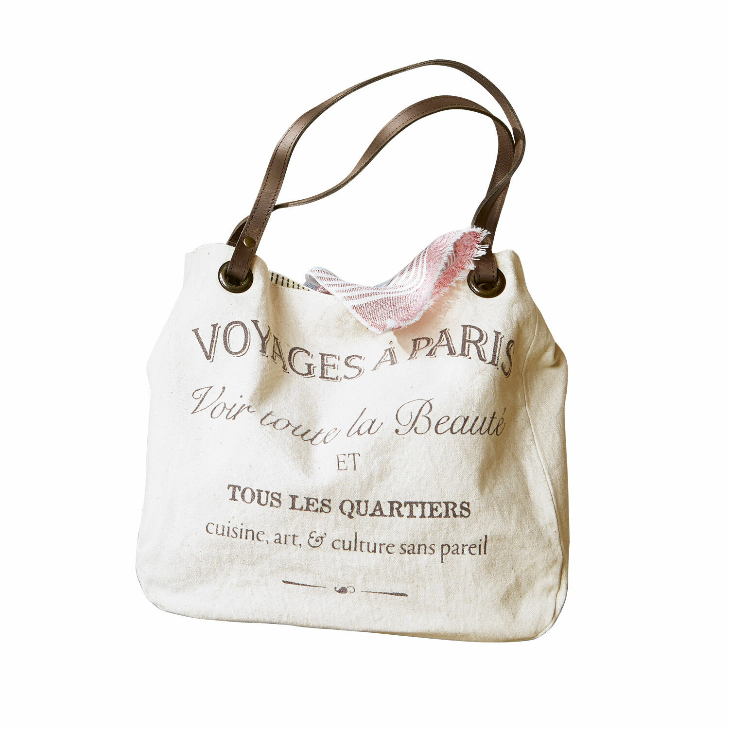 Borsa Voyage Borsa in cotone beige con manici marroni e stampa francese, accessorio alla moda per tutti i giorni