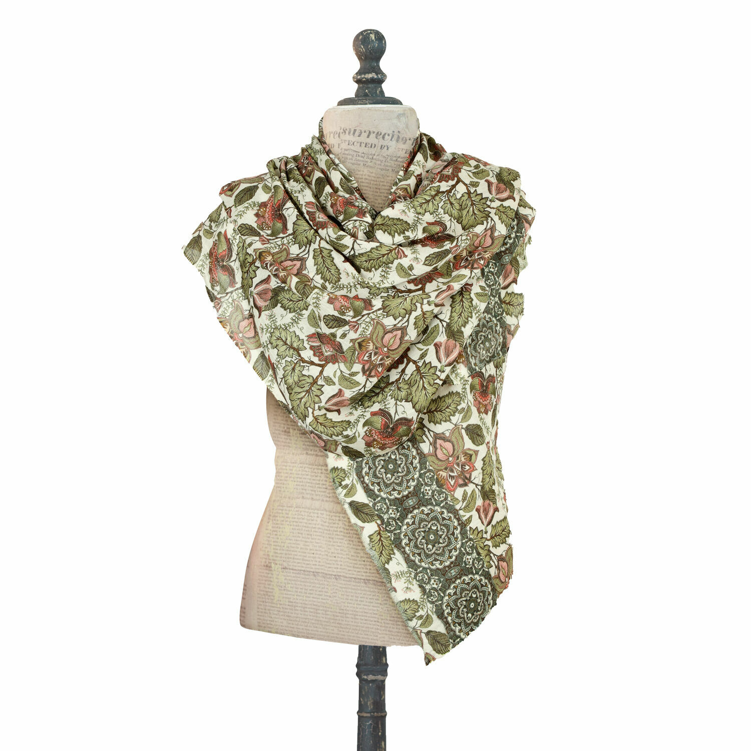 Scialle Presquer Sciarpa leggera in cotone con motivo floreale verde e rosa, accessorio di tendenza per la primavera