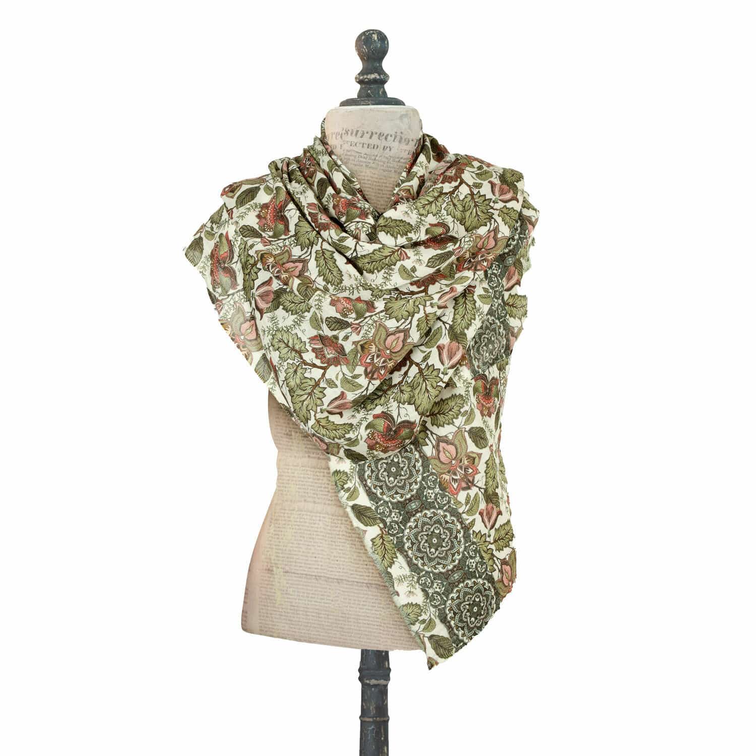 Scialle Presquer Sciarpa leggera in cotone con motivo floreale verde e rosa, accessorio di tendenza per la primavera