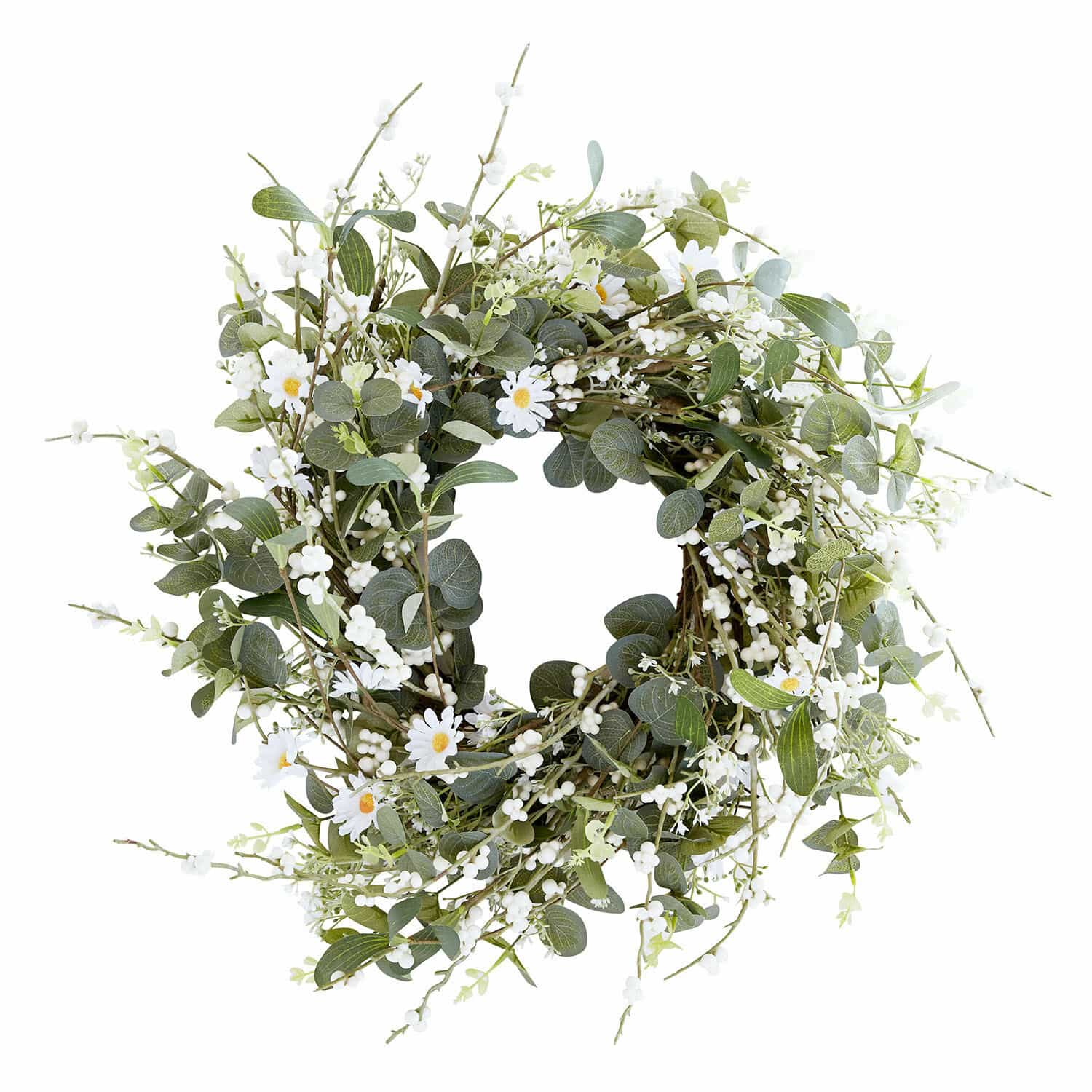 Ghirlanda Mixale Corona decorativa con foglie verdi e fiori bianchi, stile naturale, decorazione da parete o porta