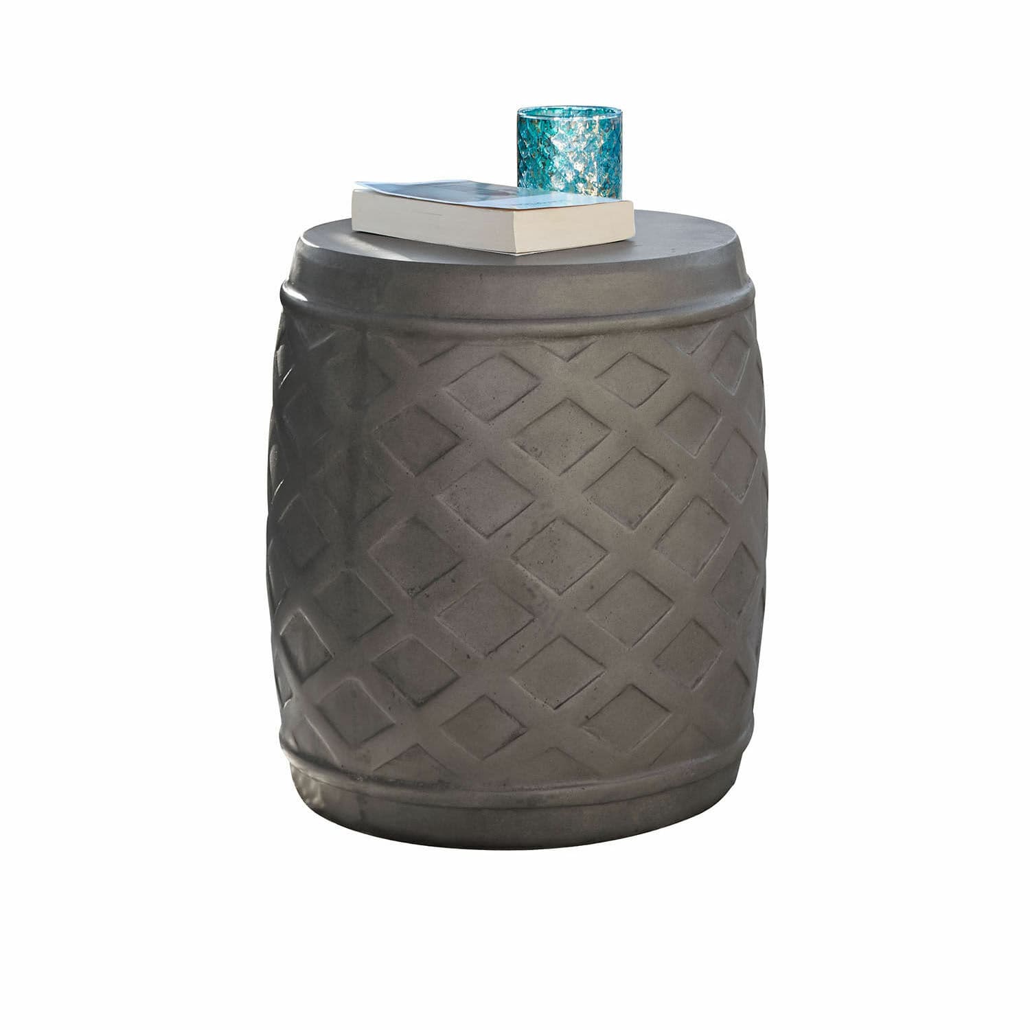 Sgabello Plévin Tavolino grigio in cemento con motivo geometrico, ideale per soggiorno moderno