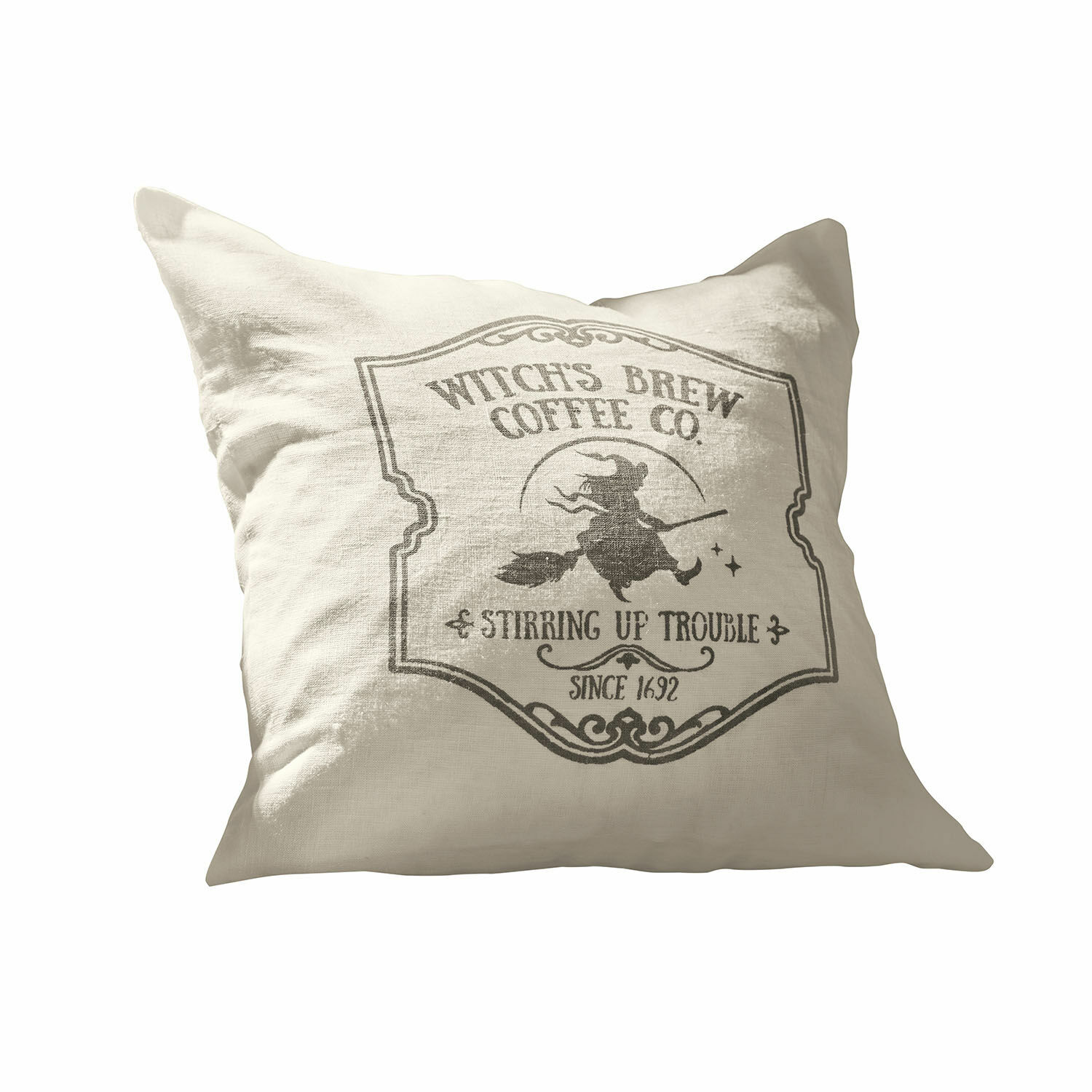 Copricuscino Morivelle Cuscino beige in lino con stampa di strega su scopa e scritta caffè, decorazione casa