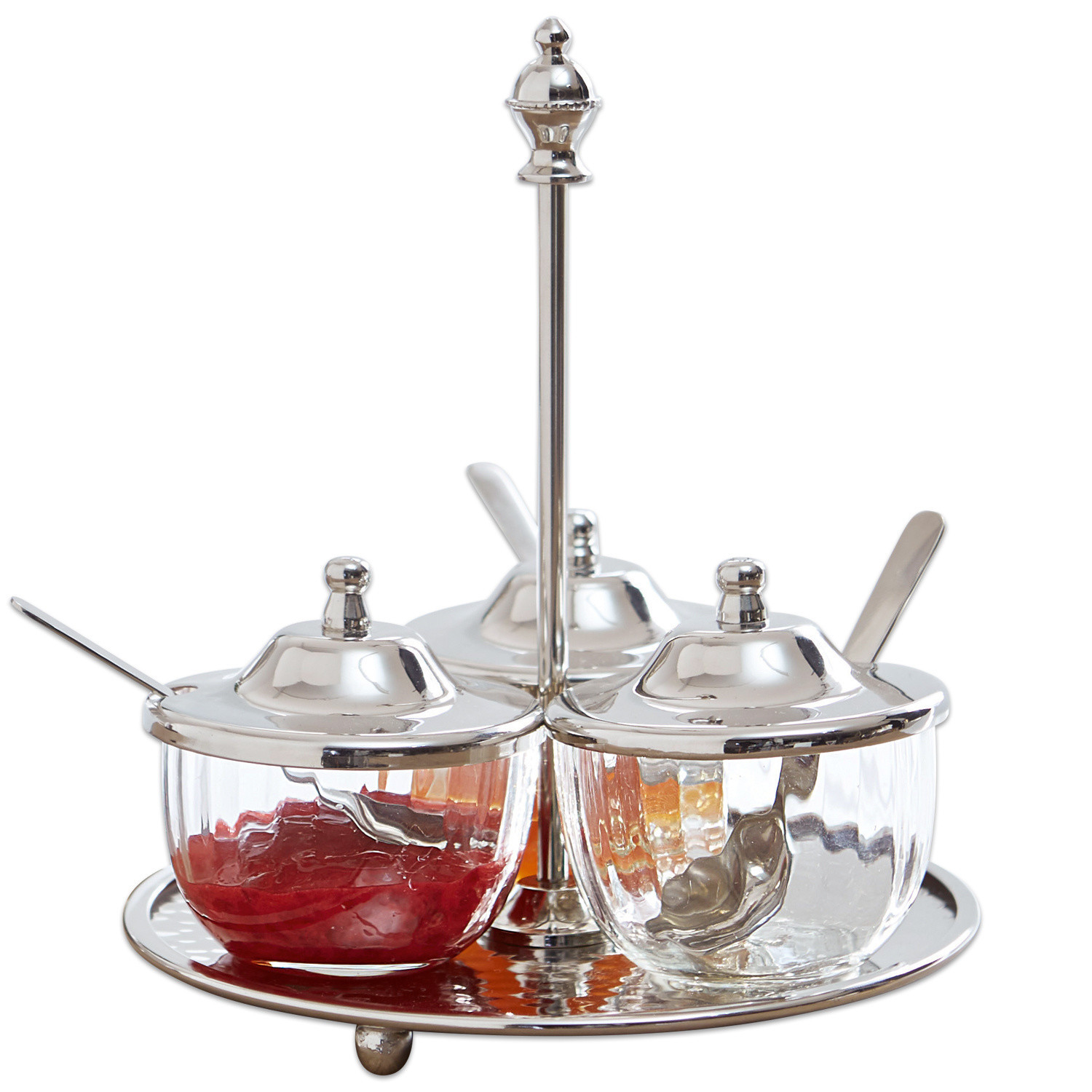 Servizio di coppette porta condimenti Julius Set di tre contenitori in vetro con coperchi e cucchiai su vassoio metallico per marmellate