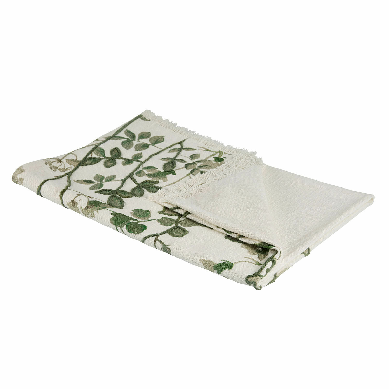 Plaid Wescombe Coperta in cotone crema con motivo di foglie verdi e frange, tessile morbido e decorativo per la casa