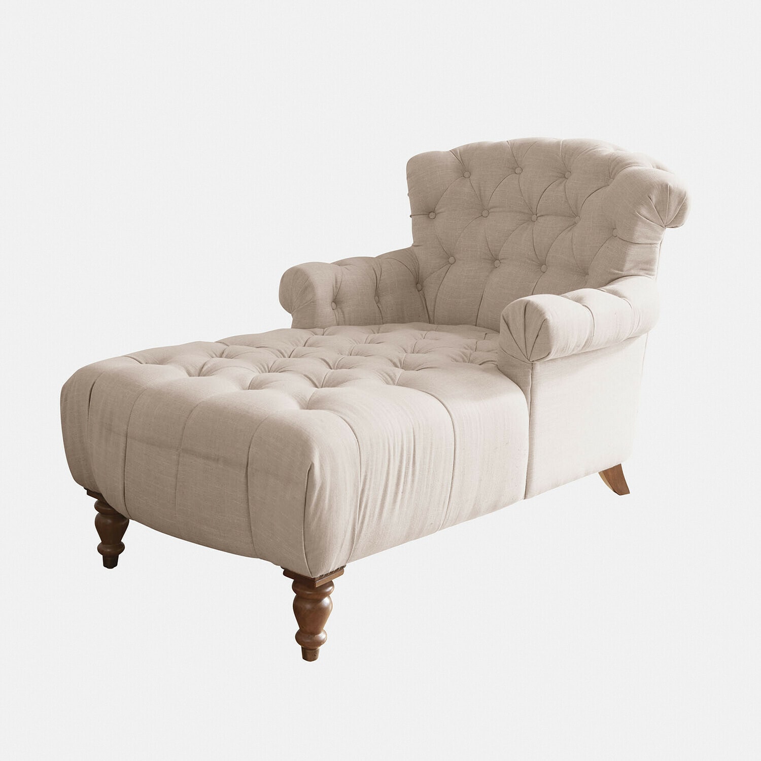 Chaise longue Springfield Village Chaise longue beige imbottita in tessuto con schienale capitonné e gambe in legno per soggiorno